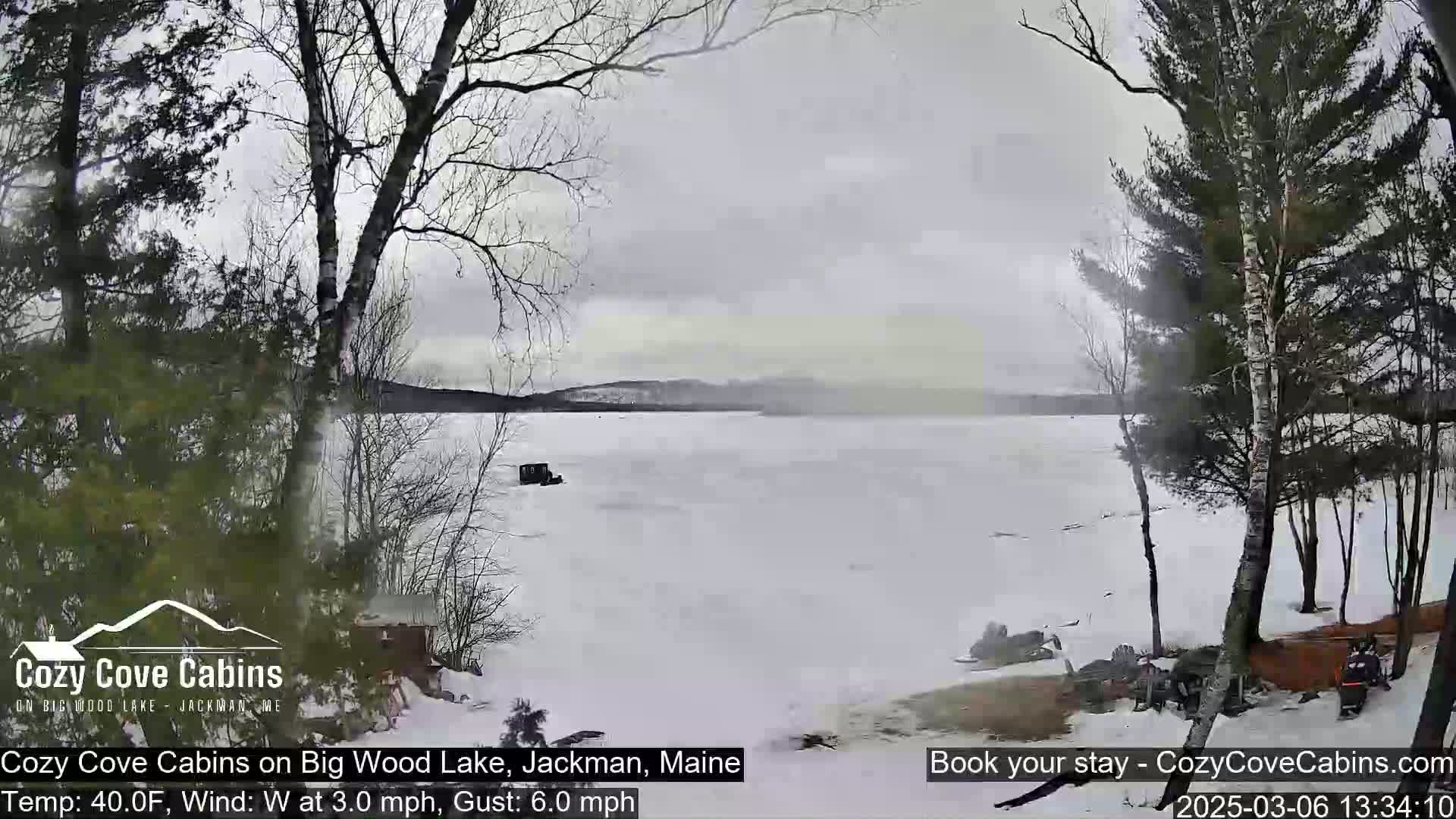 A mostly frozen lake is seen from a snowy lakeshore, with leafless trees in the foreground and a cloudy sky overhead.