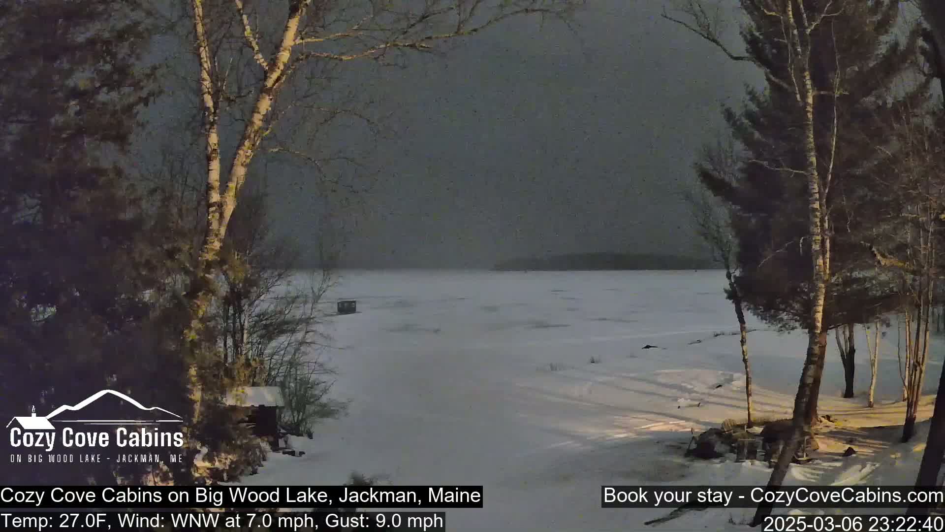 A snow-covered lake is visible under a dark, overcast sky, with bare trees lining the shoreline in the foreground.