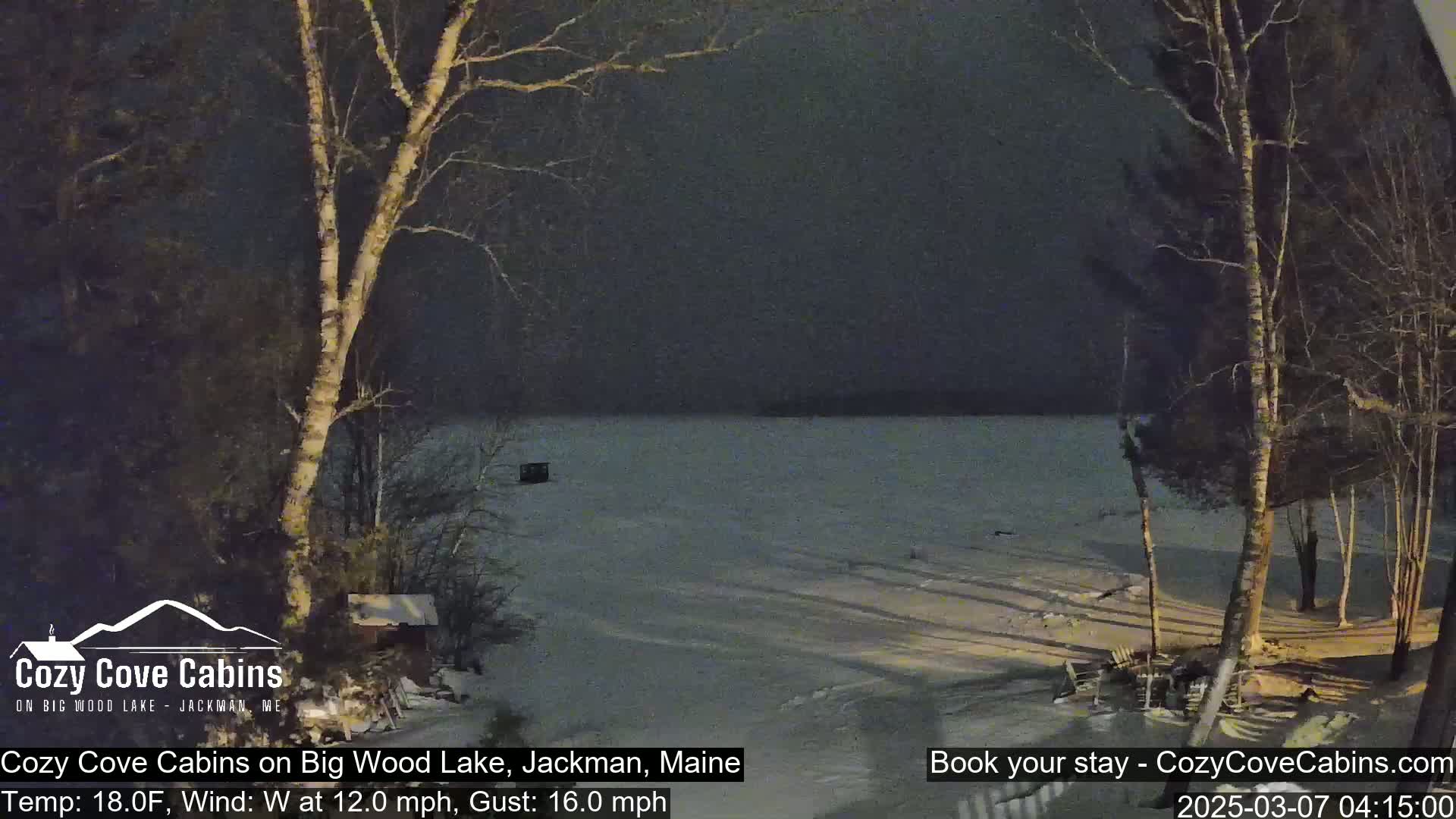 A nighttime view of a snow-covered lake, partially frozen, with bare trees in the foreground under a dark sky, and a wind of 12 mph with gusts up to 16 mph.