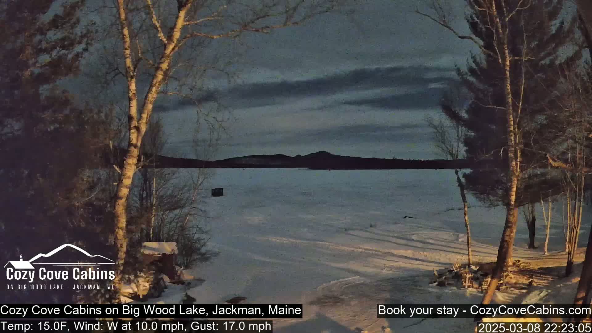 A snow-covered lake is viewed from a snowy shoreline, with bare trees and a partly cloudy, dusky sky.