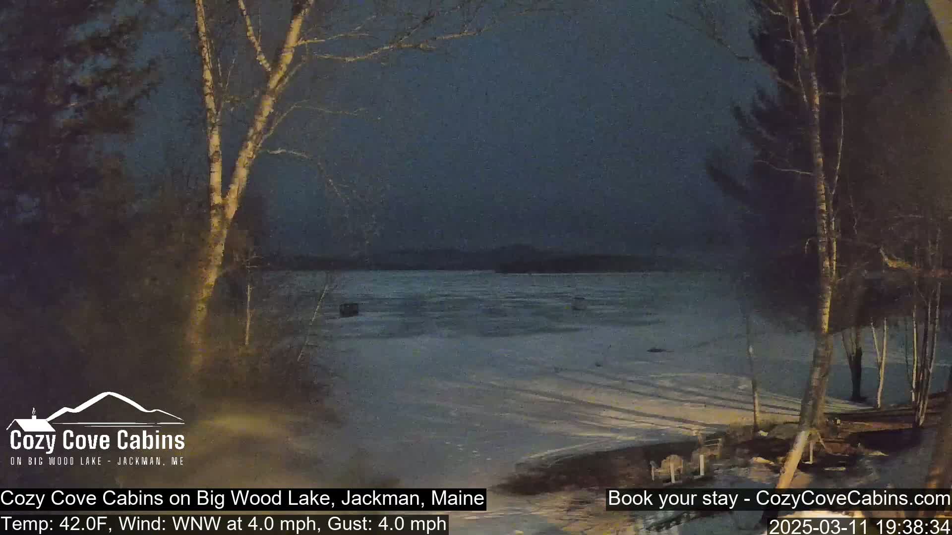 A partly frozen lake is visible at dusk under a dark sky, with bare trees in the foreground and background.