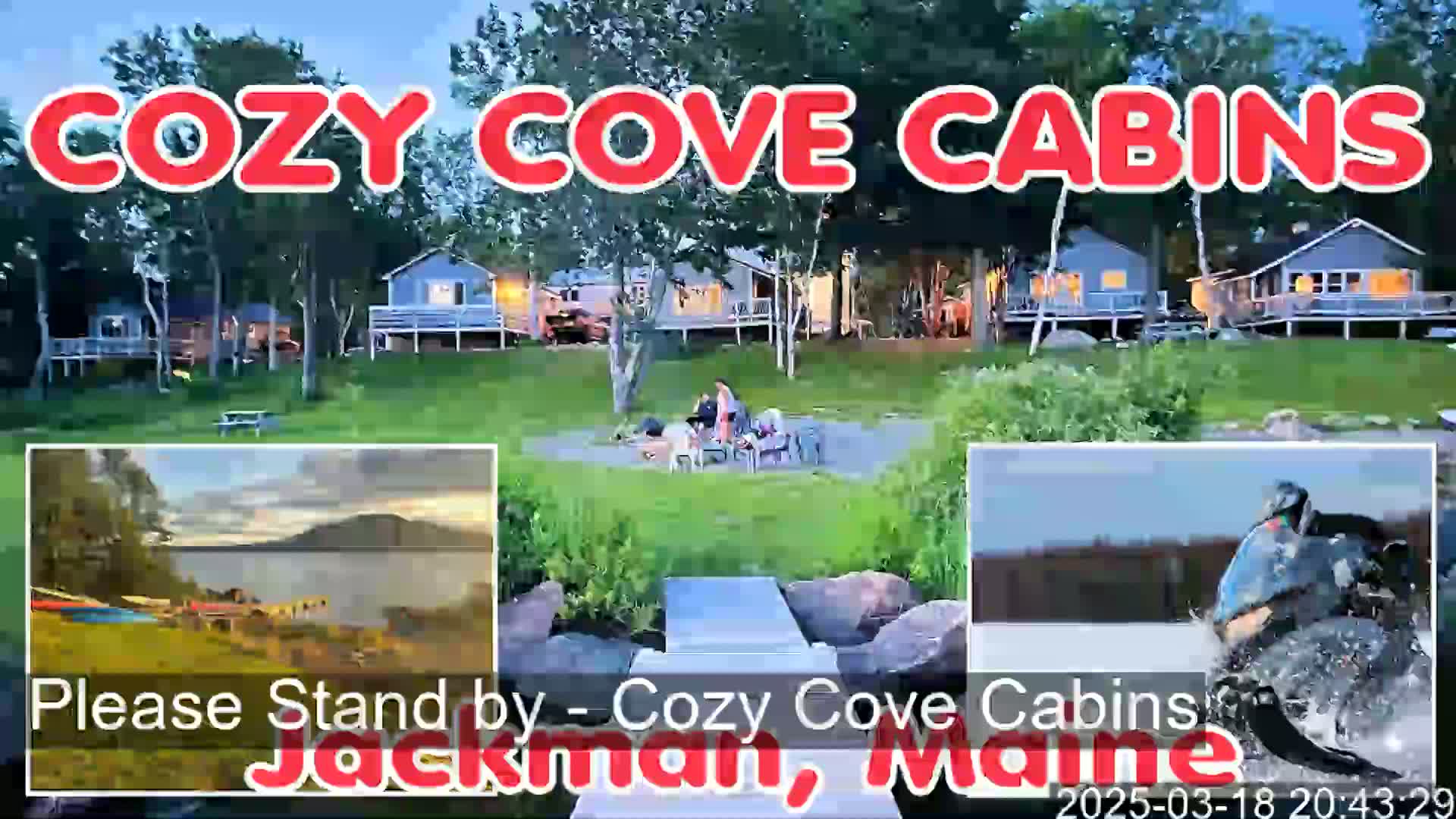 Several cabins are situated on a grassy area near a body of water at dusk, with people gathered around a fire pit in the foreground and smaller images showing water activities and a snowmobile.
