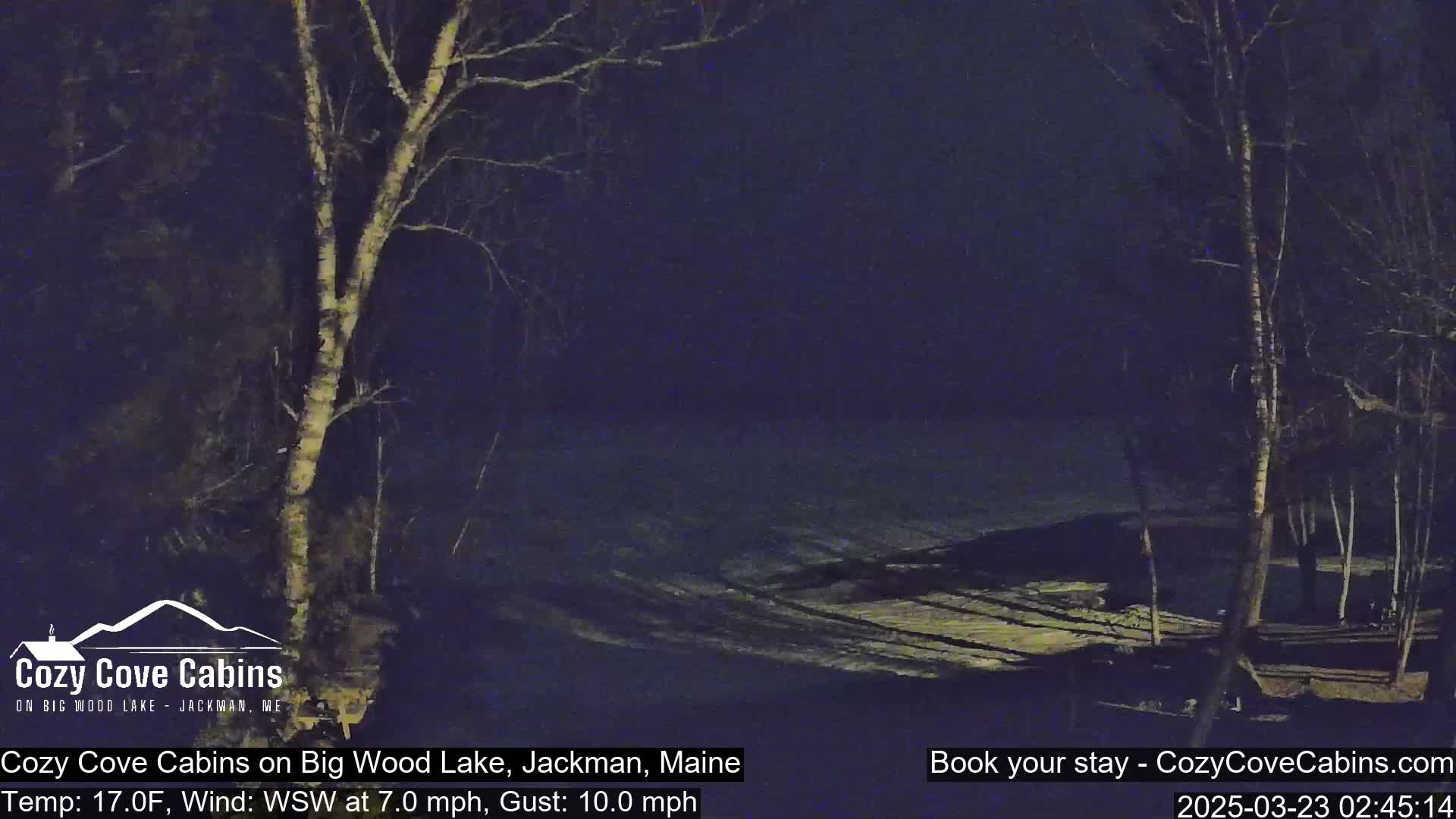 A nighttime view of snow-covered ground and bare trees near a lake under a dark sky with a 17°F temperature, a 7 mph wind from the west-southwest, and gusts up to 10 mph.