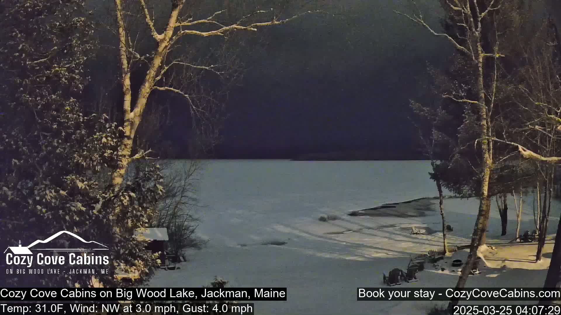 A snow-covered shoreline and frozen lake are visible under a dark, overcast sky.