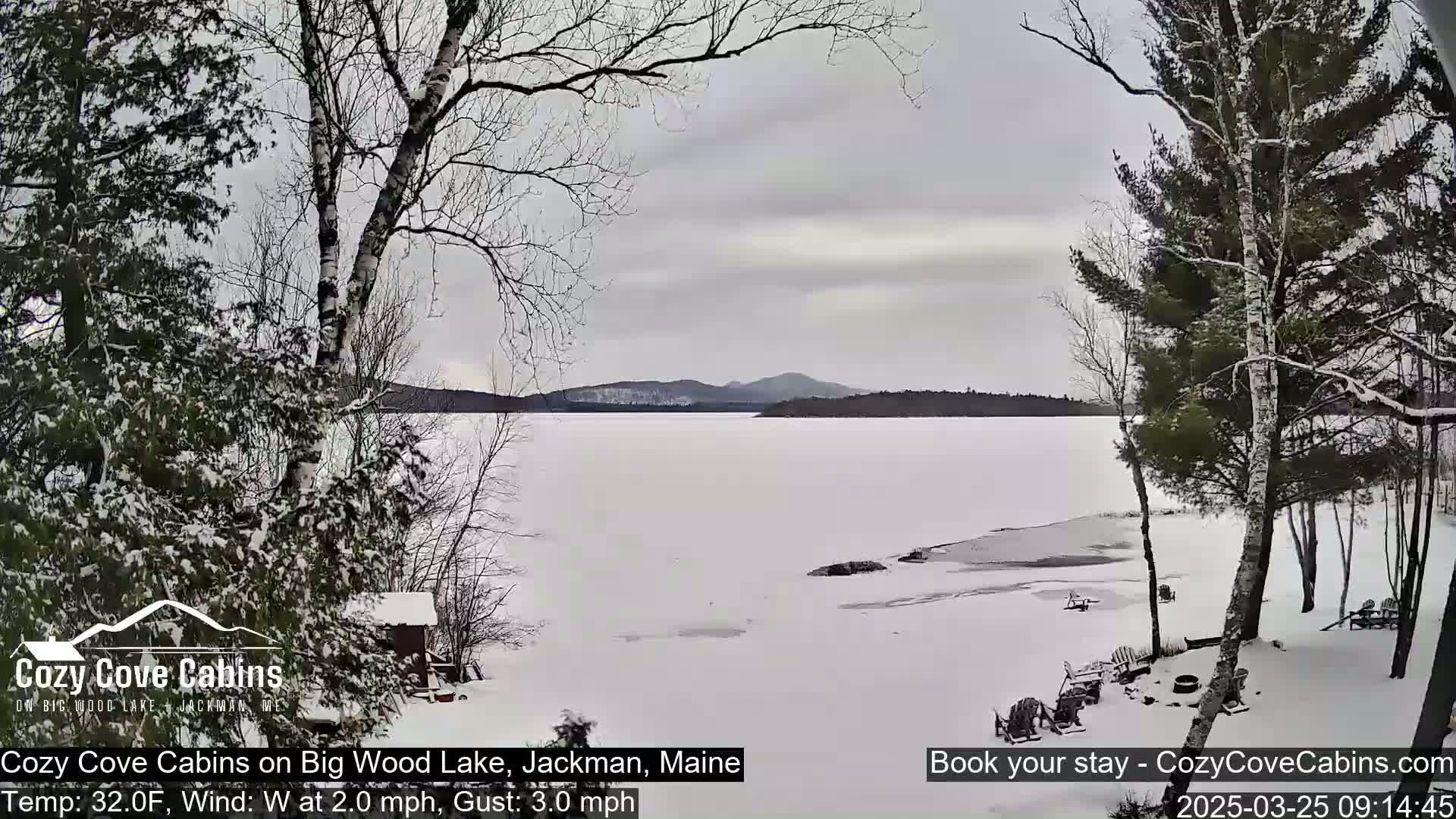 A snow-covered frozen lake is seen from a snowy shoreline, with bare trees and a cloudy sky.