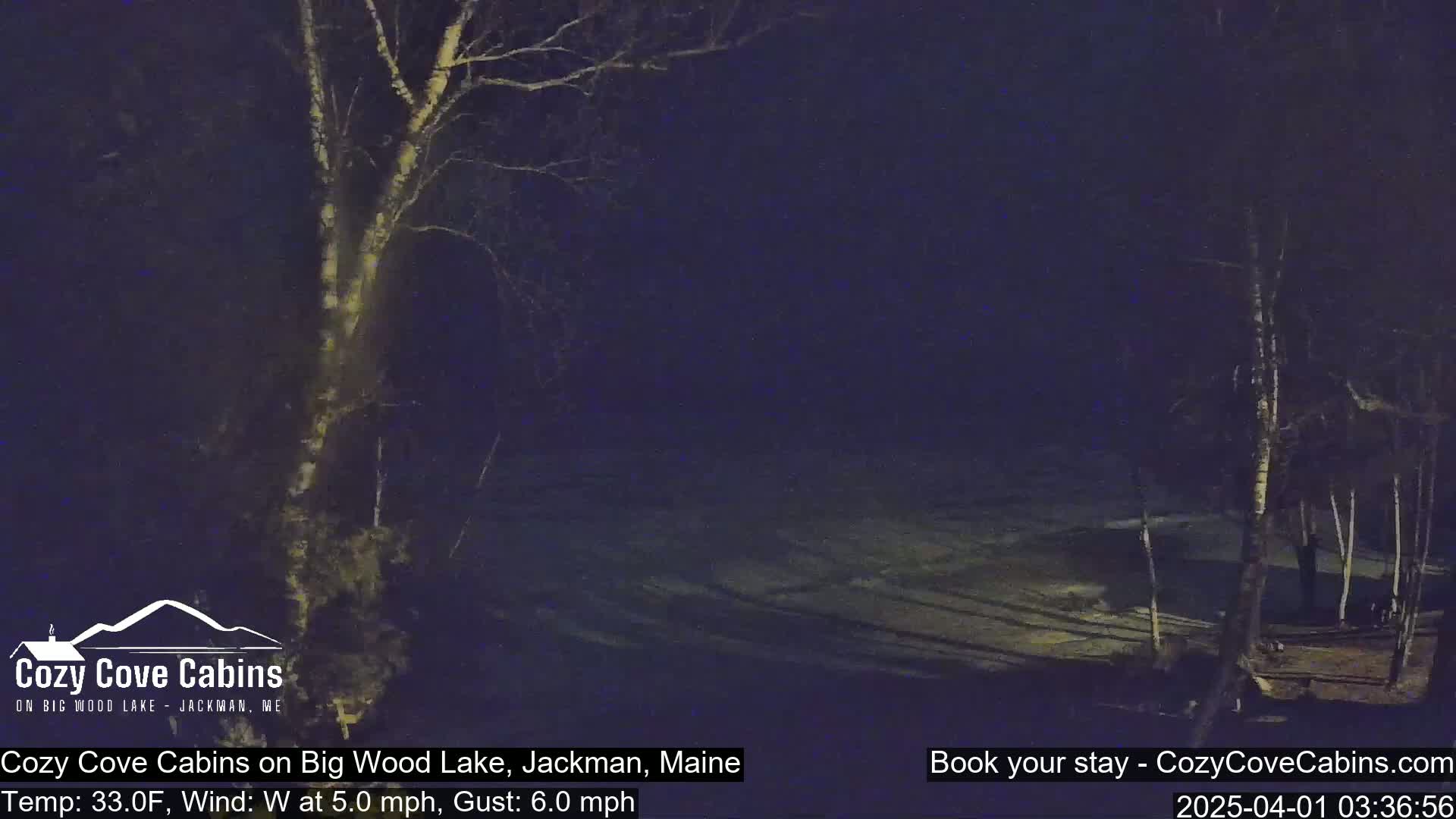 A nighttime view of a snow-covered area near some trees with a westerly wind at 5 mph and gusts up to 6 mph, and a temperature of 33 degrees Fahrenheit.