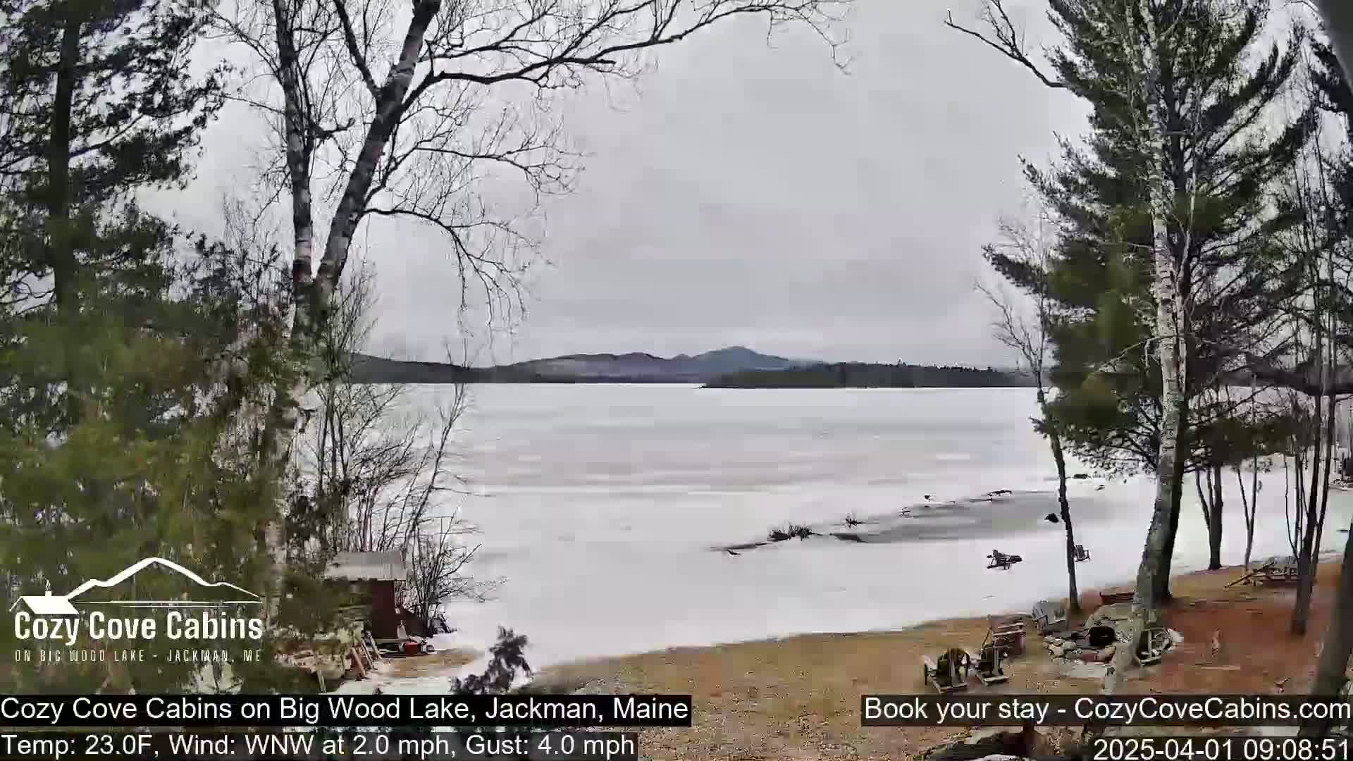 A partially frozen lake is seen from a lakeside property on an overcast day with a light wind.