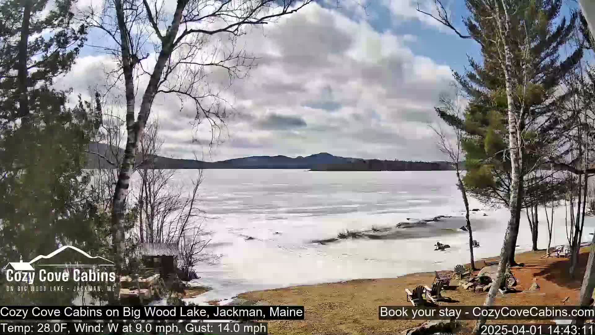 A partly cloudy day with a westerly wind shows a partially frozen lake with a sandy shore and bare deciduous trees.