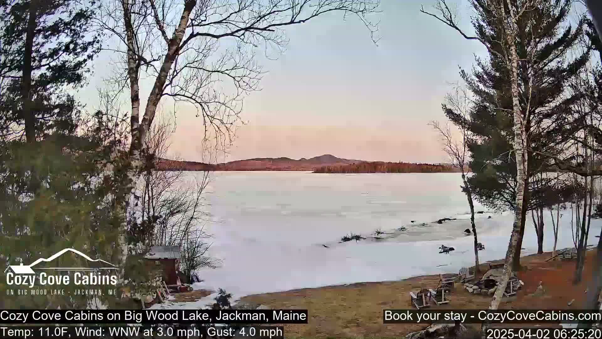 A partially frozen lake is seen from a lakeside property with bare trees under a pale pink and blue sky.