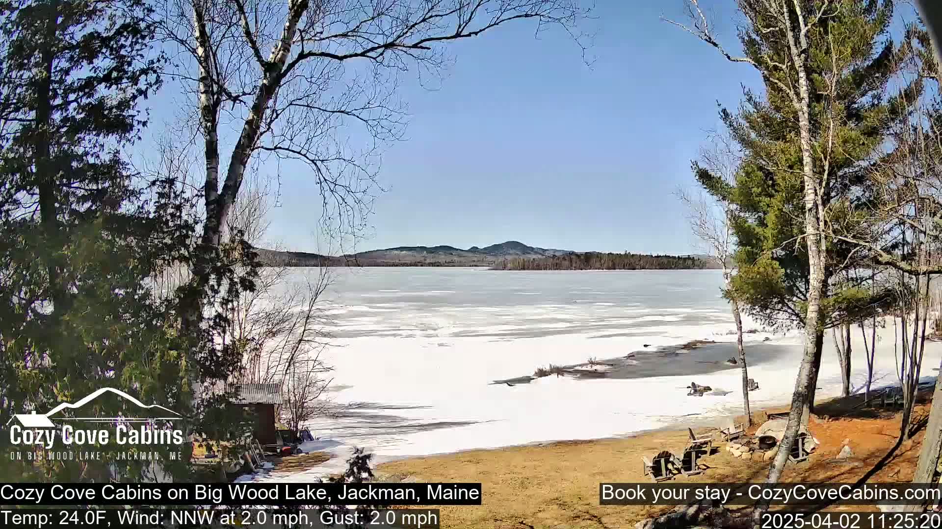 A partly frozen lake is visible from a lakeside property on a sunny day with a light north-northwest wind.