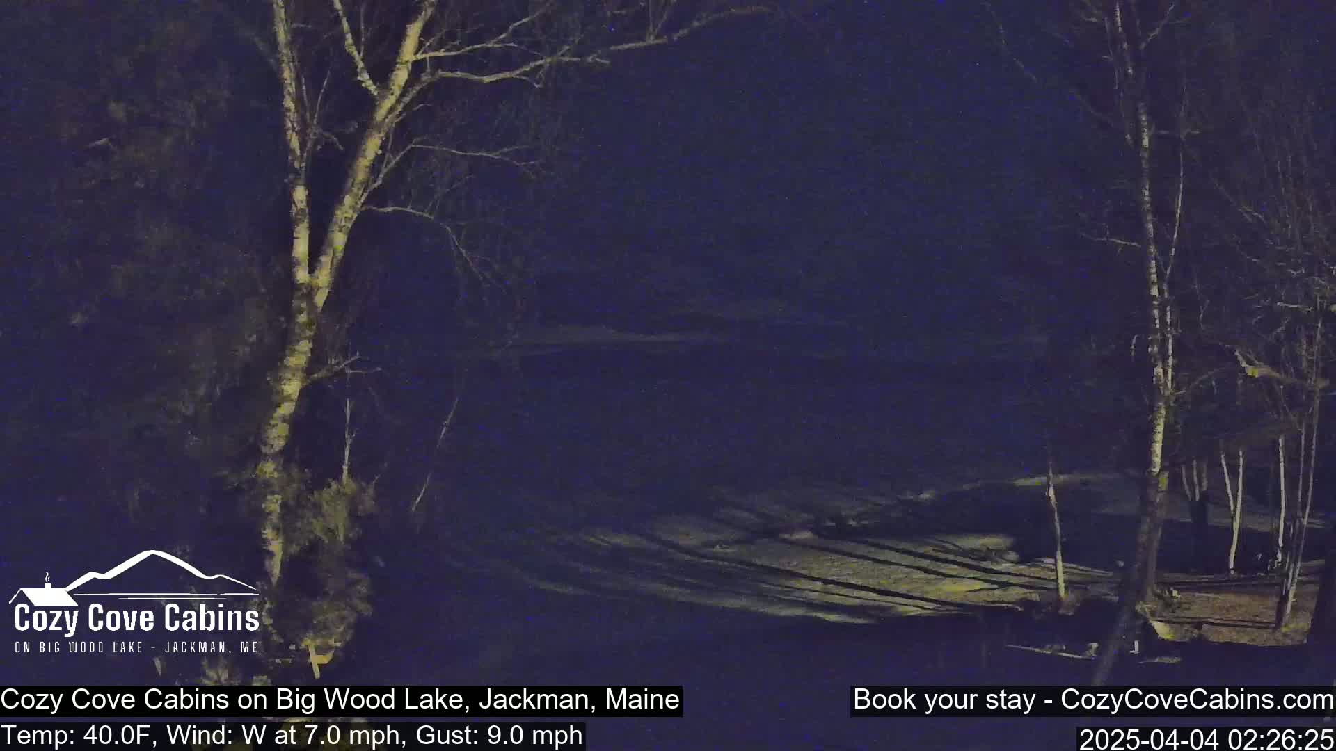 A nighttime view of snow-covered ground and bare trees under a dark sky, with a west wind blowing at 7 mph and gusts up to 9 mph.