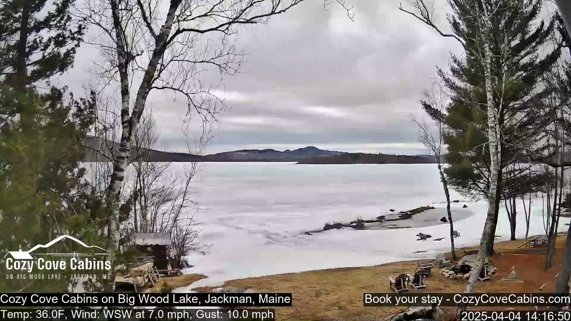 A partly frozen lake is seen from a lakeside property under an overcast sky with a light wind.