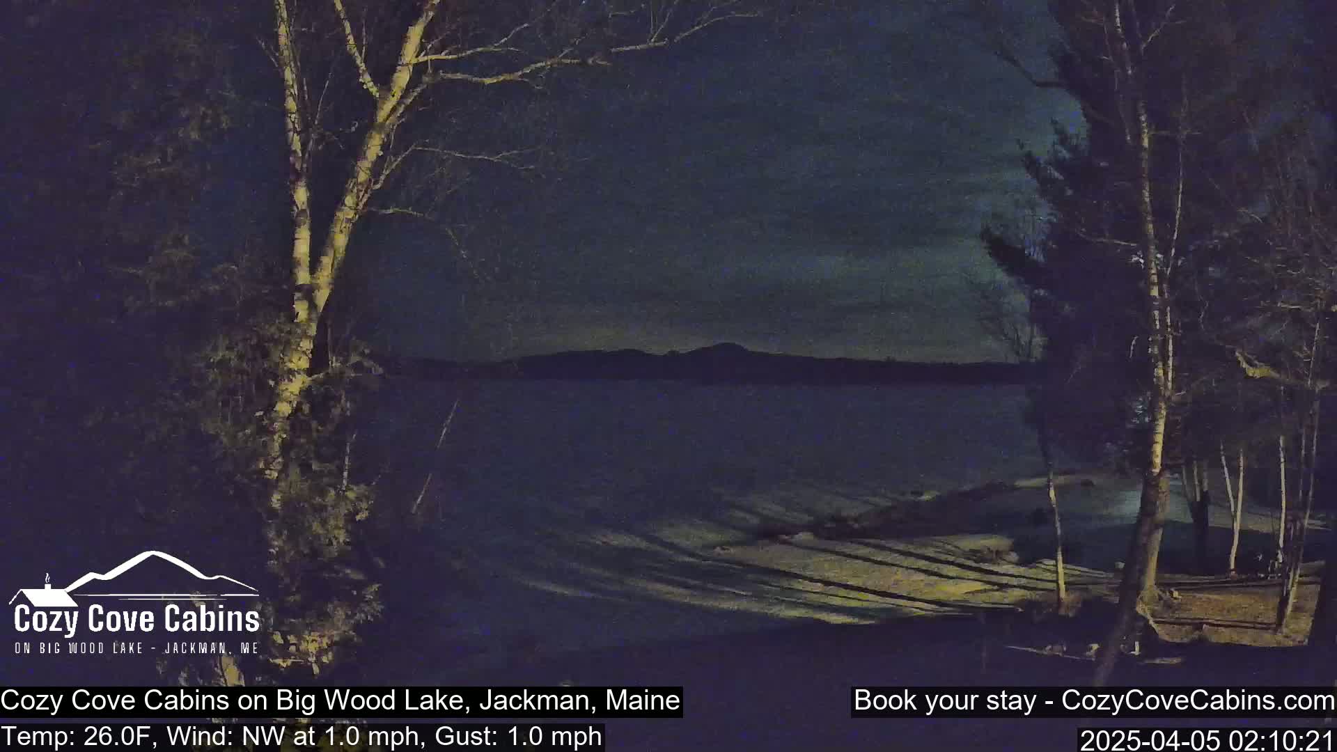 A nighttime view of a snow-covered lakeshore with dark trees and a calm lake under a mostly clear sky.