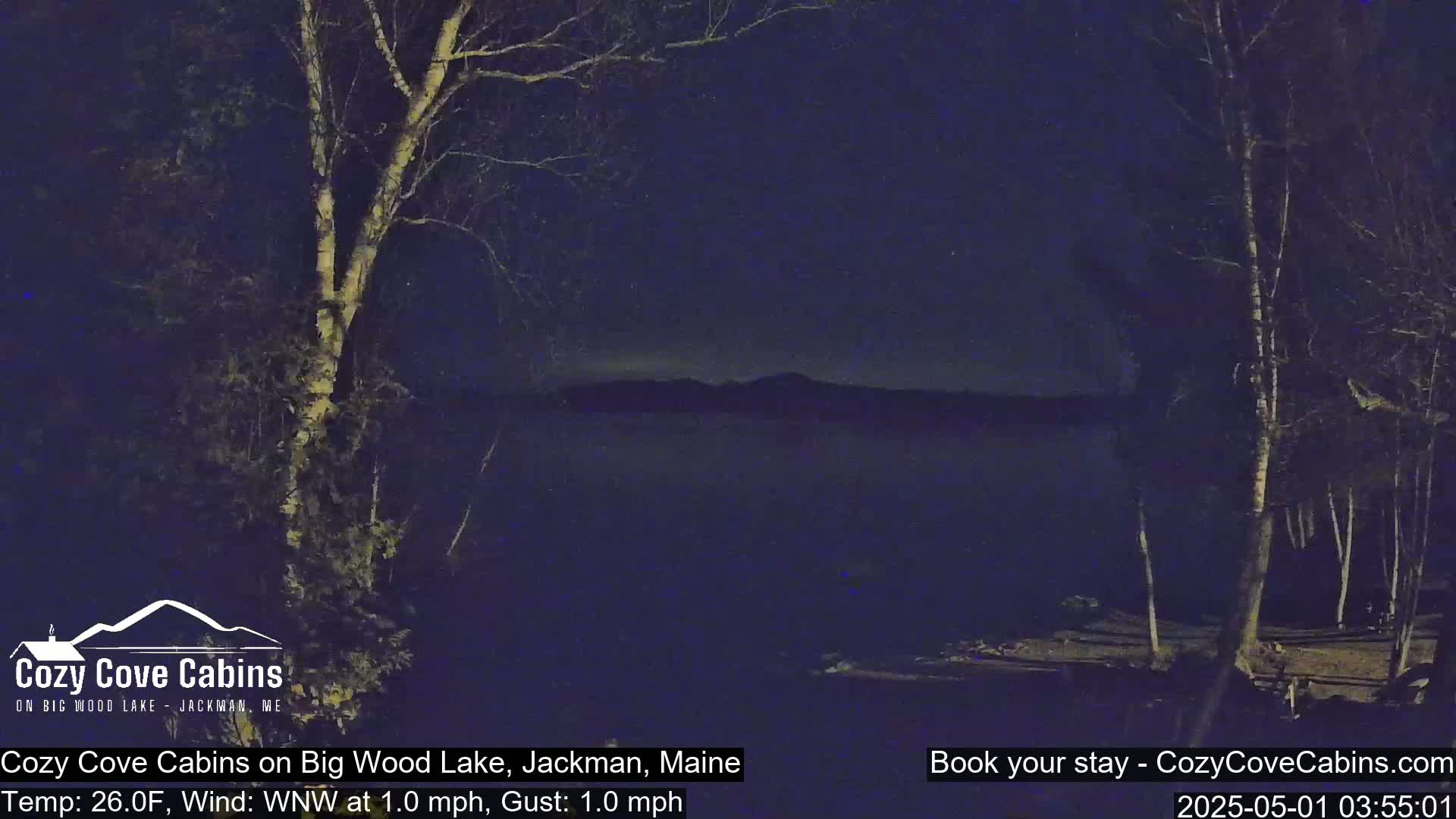 A nighttime view of a dark lake with distant hills, framed by bare trees under a clear, dark sky.