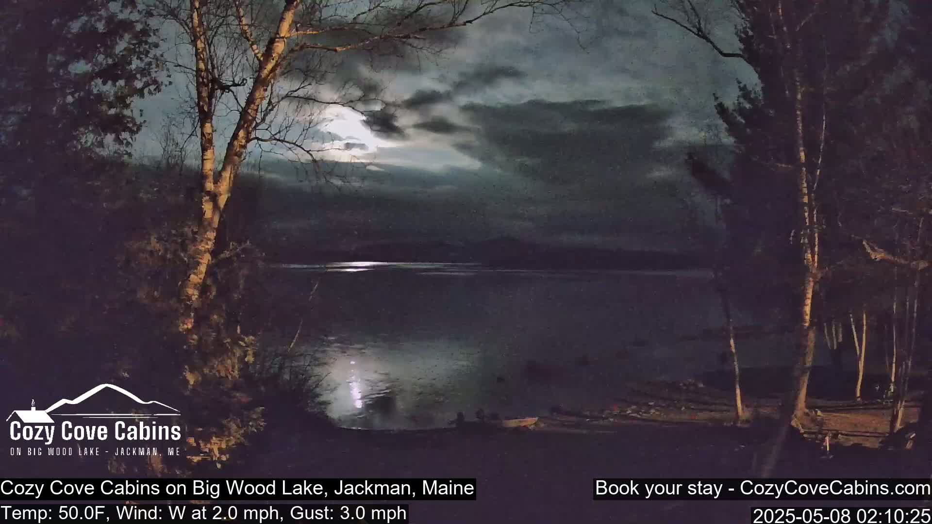 A moonlit night scene shows a calm lake under a partly cloudy sky, with trees and a shoreline visible in the foreground.