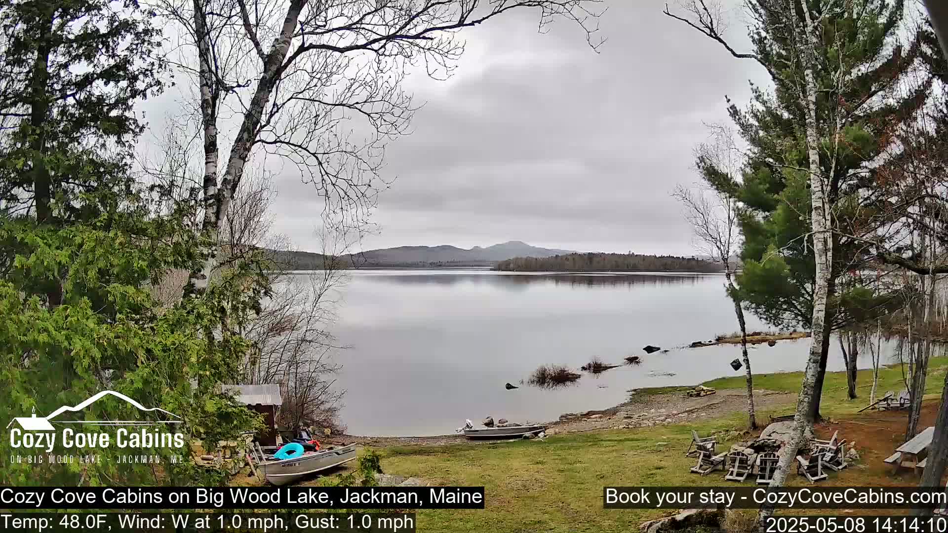 A calm lake with a partly cloudy sky is seen from a lakeside yard with trees, boats, and outdoor furniture.