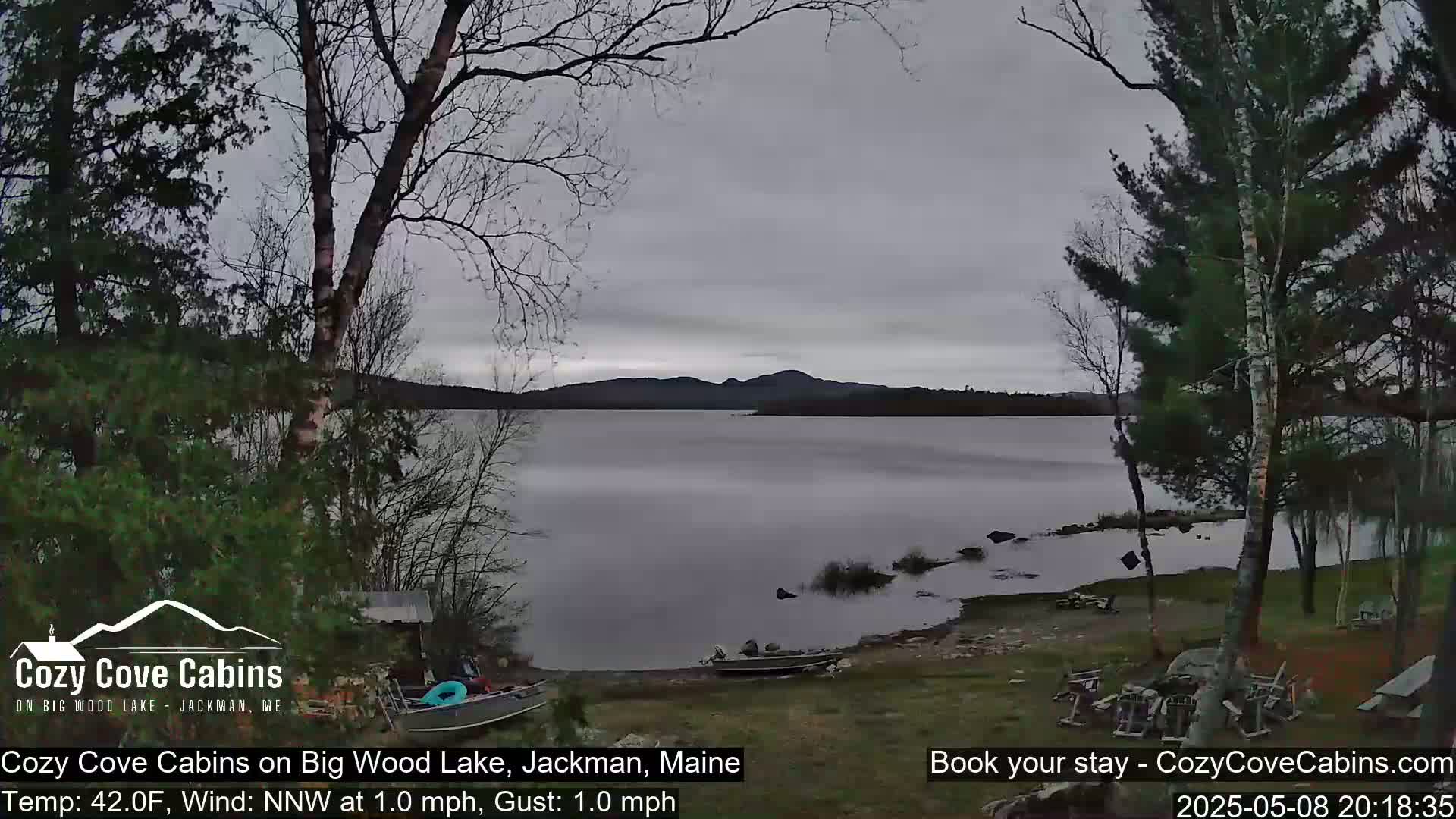 A calm lake with distant mountains is seen from a lakeside vantage point under an overcast sky, with boats and trees nearby.