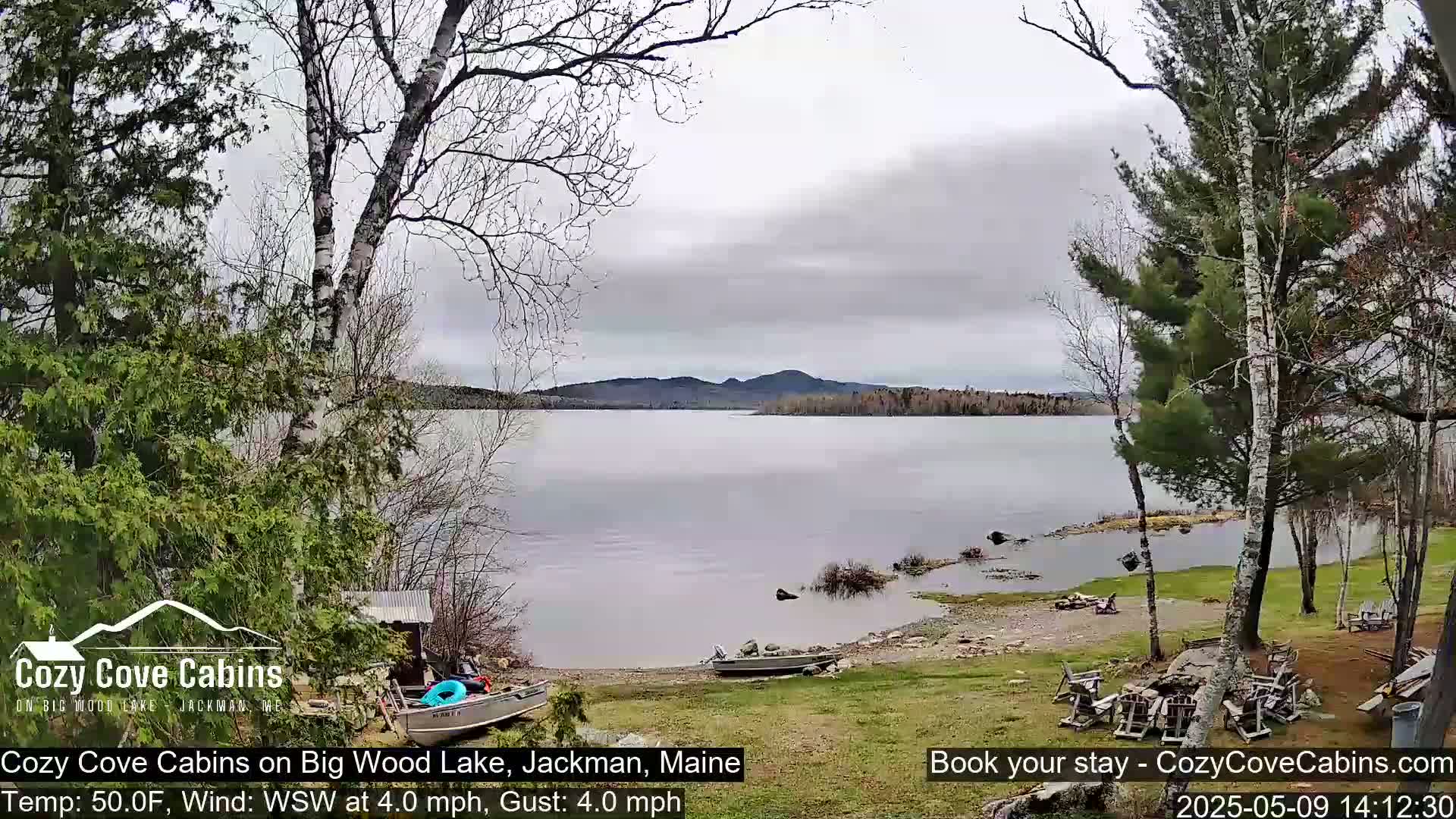 A calm lake with a rocky shoreline and several trees, under an overcast sky, with a slight wind.