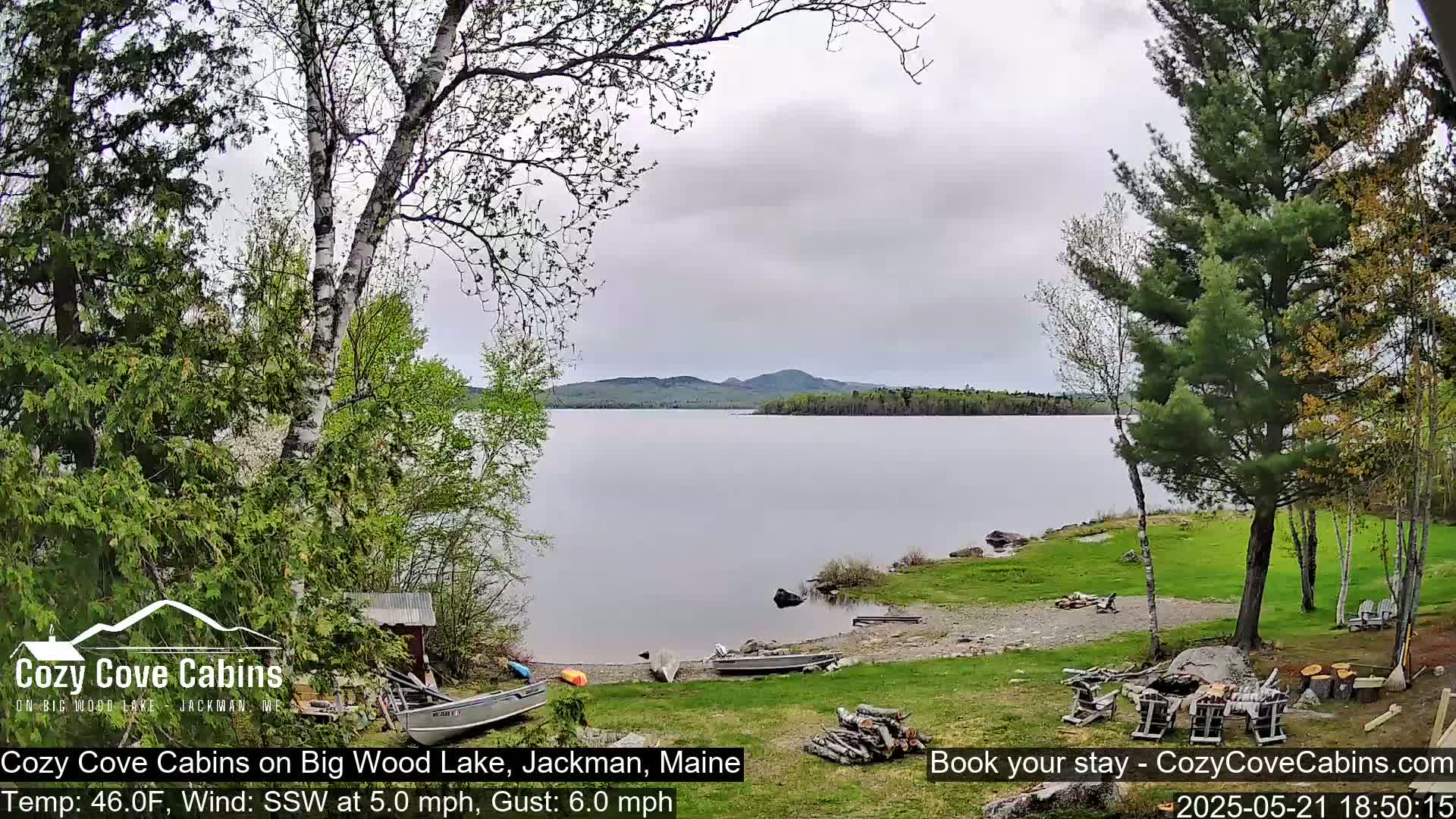 A calm lake with a shoreline featuring several boats, a woodpile, and some trees under an overcast sky.