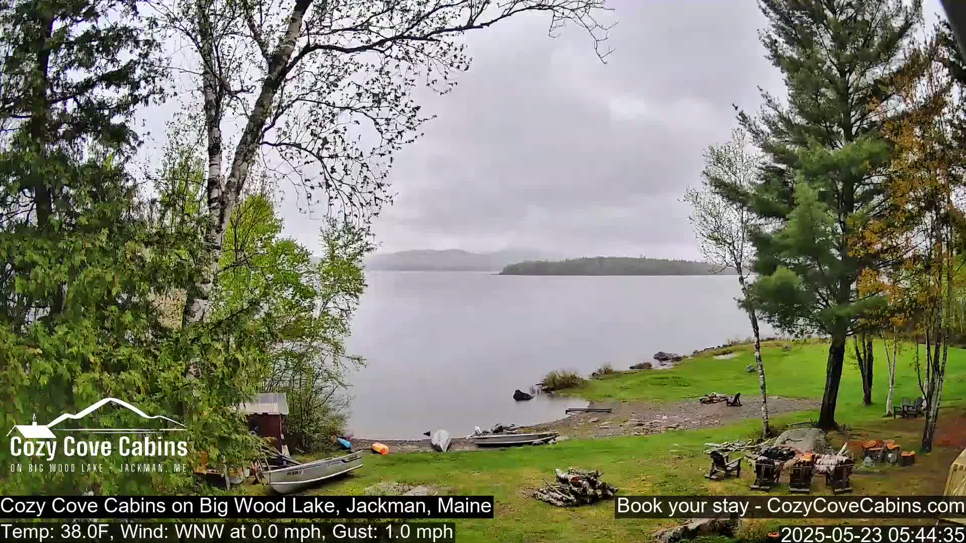 A lakeside view on an overcast day shows several boats on a rocky shore, surrounded by green trees and a calm lake under a gray sky.