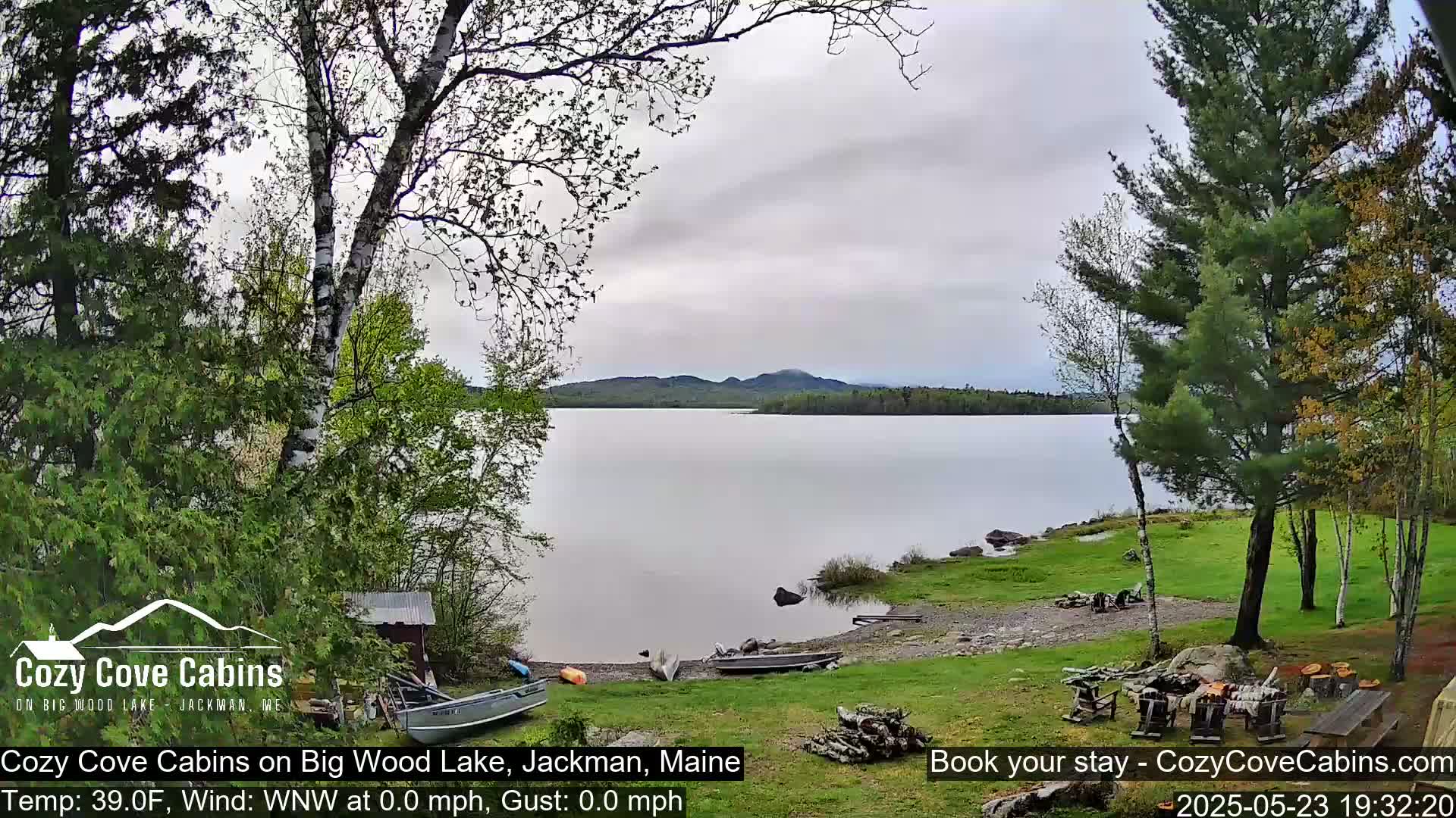 A calm lake is viewed from a lakeside yard with several trees, a small boat, and a fire pit under an overcast sky.
