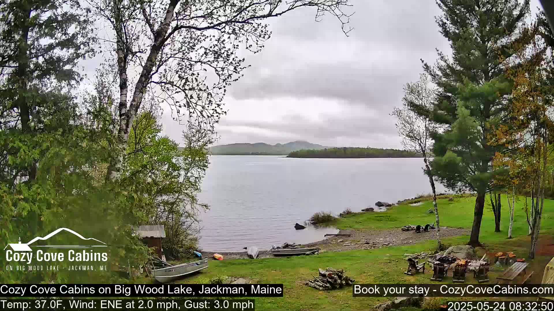 A calm lake is partially visible through trees on a cloudy day with a gentle easterly wind.
