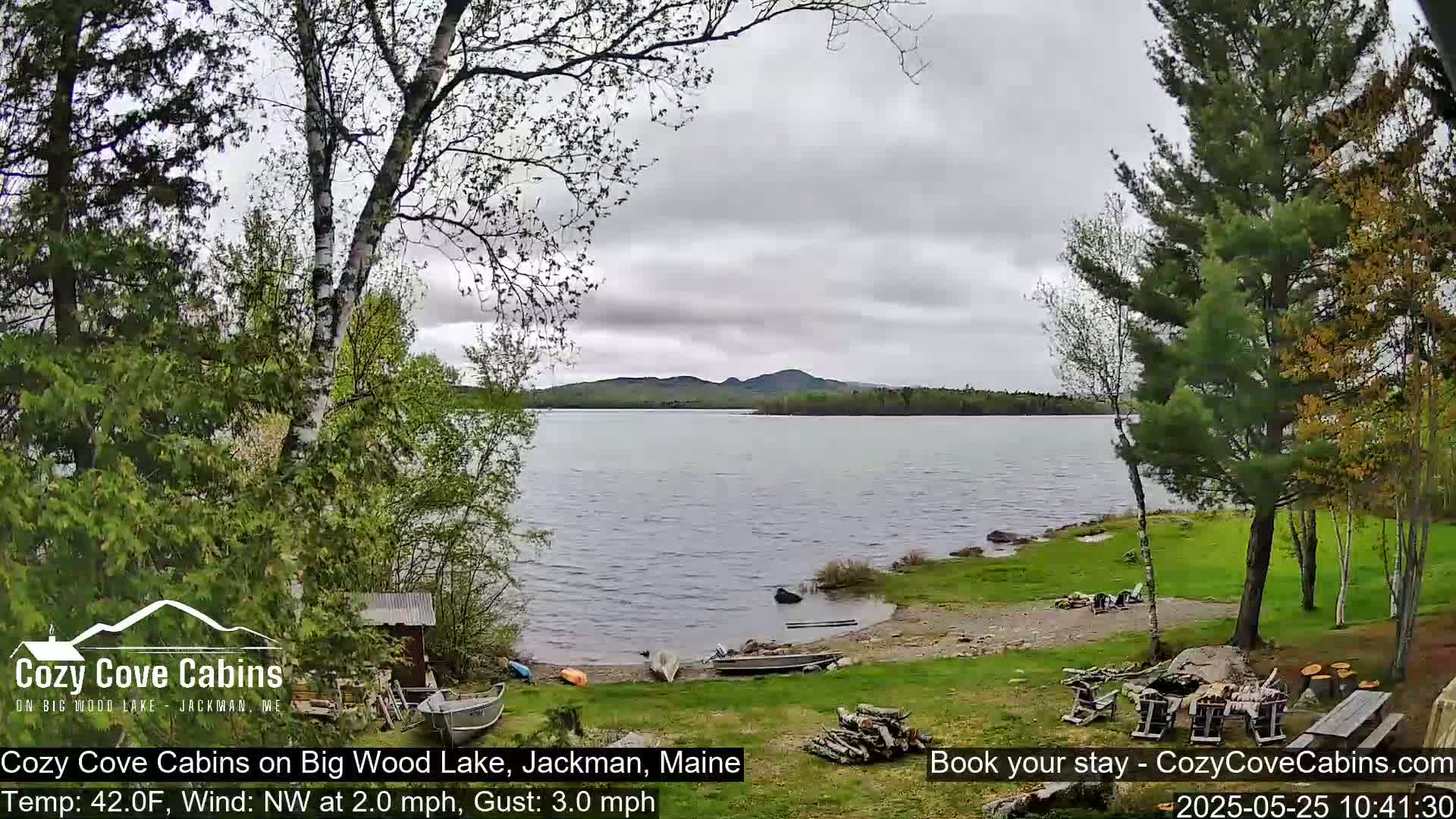 A calm lake with a cloudy sky is viewed from a lakeside yard with several boats and a woodpile.