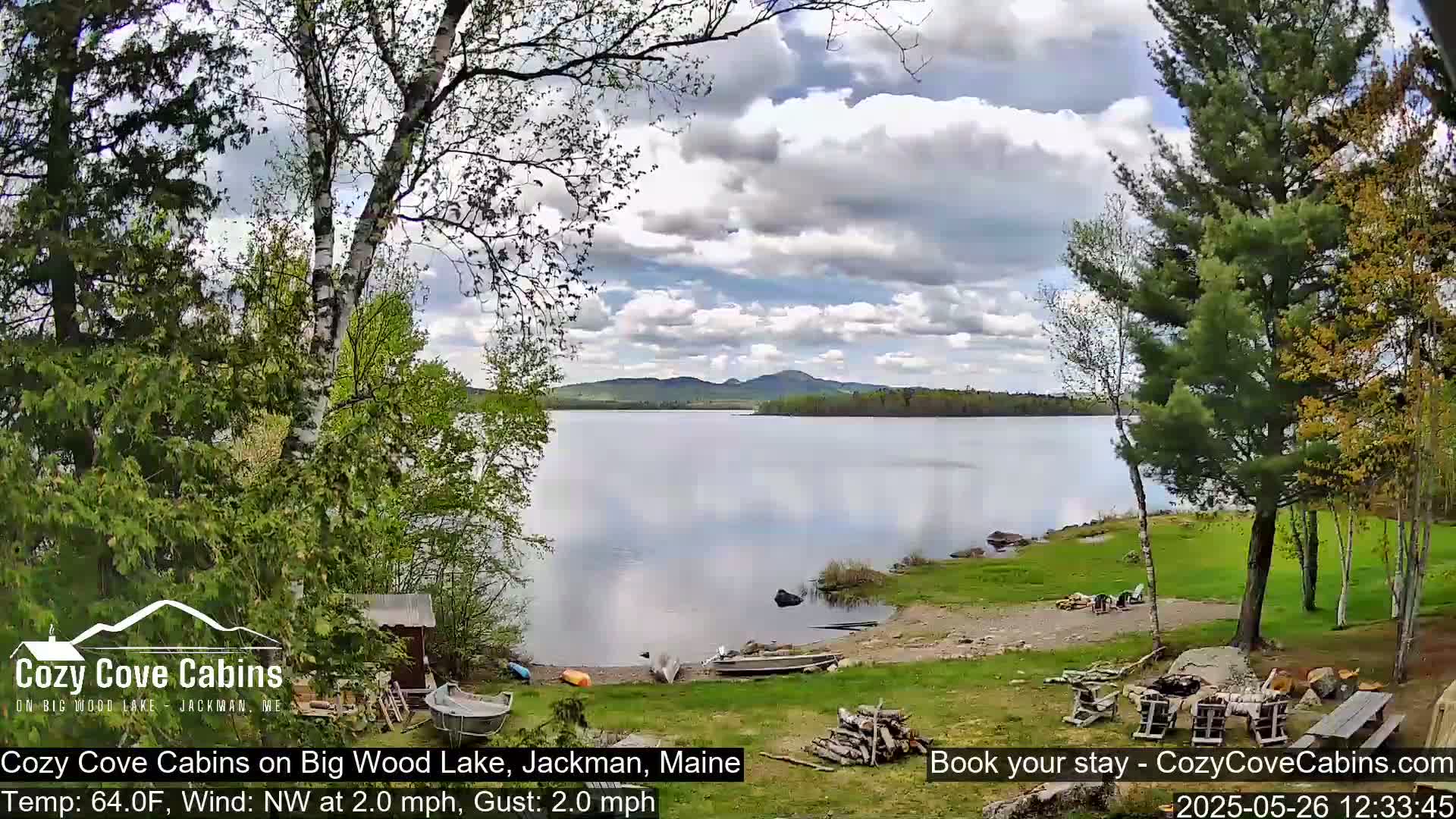 A partly cloudy day reveals a calm lake with a shoreline dotted with boats and trees, under a light northwest wind.