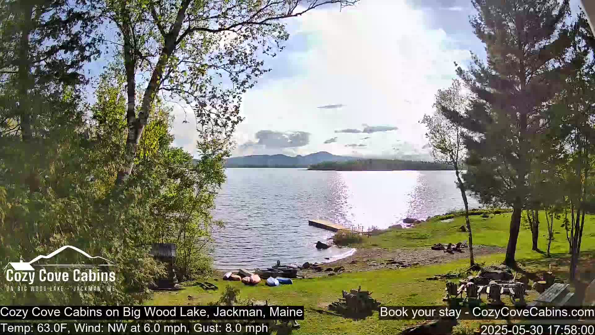 A partly sunny view of a lake with mountains in the distance, a grassy shoreline with boats and a dock, and trees surrounding the area.