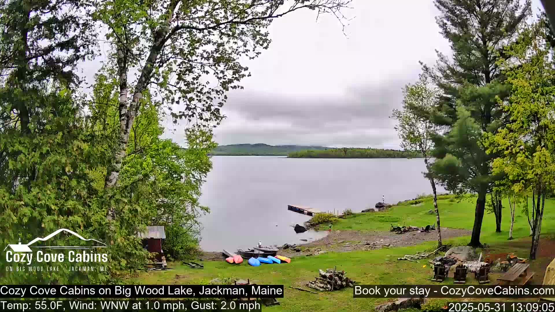 Kayaks and a boat are on the shore of a calm lake under an overcast sky, surrounded by lush green trees.