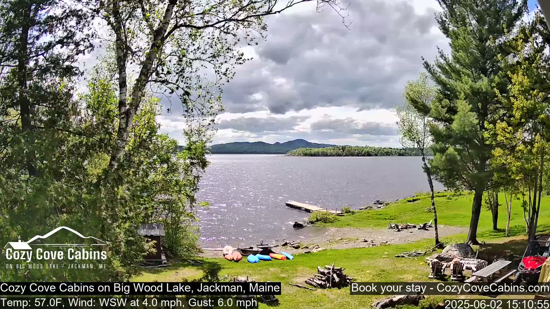 A lake with a small dock and several kayaks on the shore is partially obscured by trees under a partly cloudy sky, with a light wind.