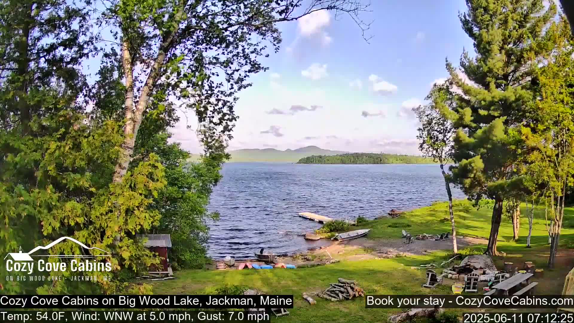 A tranquil lake scene on a partly sunny day with a gentle wind shows several boats near a lakeshore with cabins and trees; mountains are visible in the background.