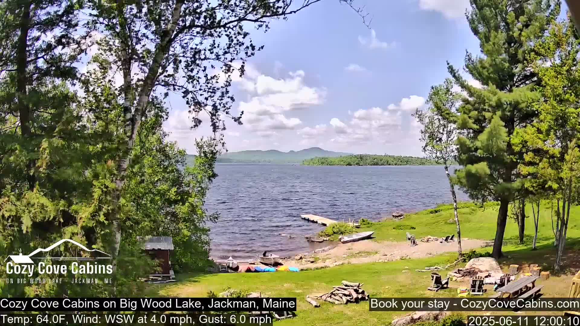 A lakeside view on a partly cloudy day shows a calm lake with a sandy shore,  trees, a small dock, and several boats.