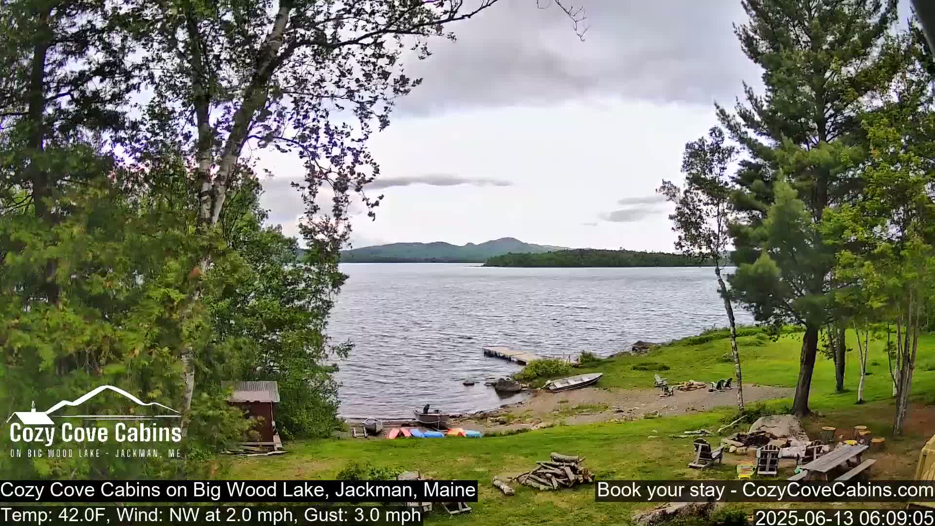 A lakeside view on a partly cloudy day shows a calm lake with a few boats on a sandy shore, surrounded by green trees and a small cabin.