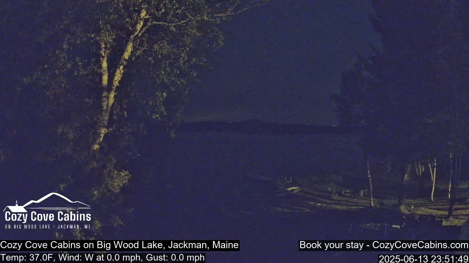 A partly cloudy day on a lake with a shoreline featuring trees, a small beach with boats and kayaks, and a grassy area with outdoor furniture.