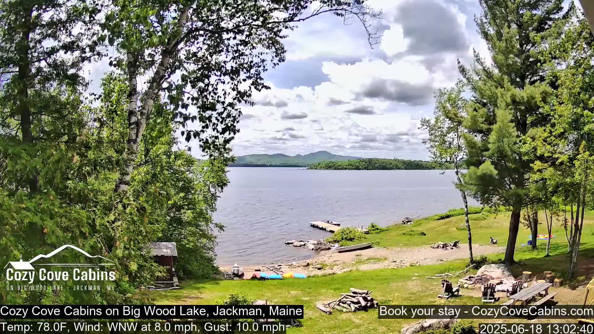 A partly cloudy day shows a view of a lake with a small sandy beach and grassy area, trees, and mountains in the distance.