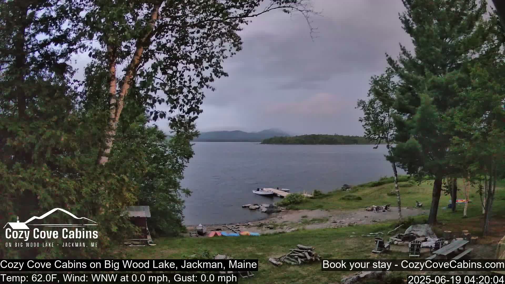 A calm lake with a small dock and several boats sits under an overcast sky, surrounded by green trees and a grassy shoreline.