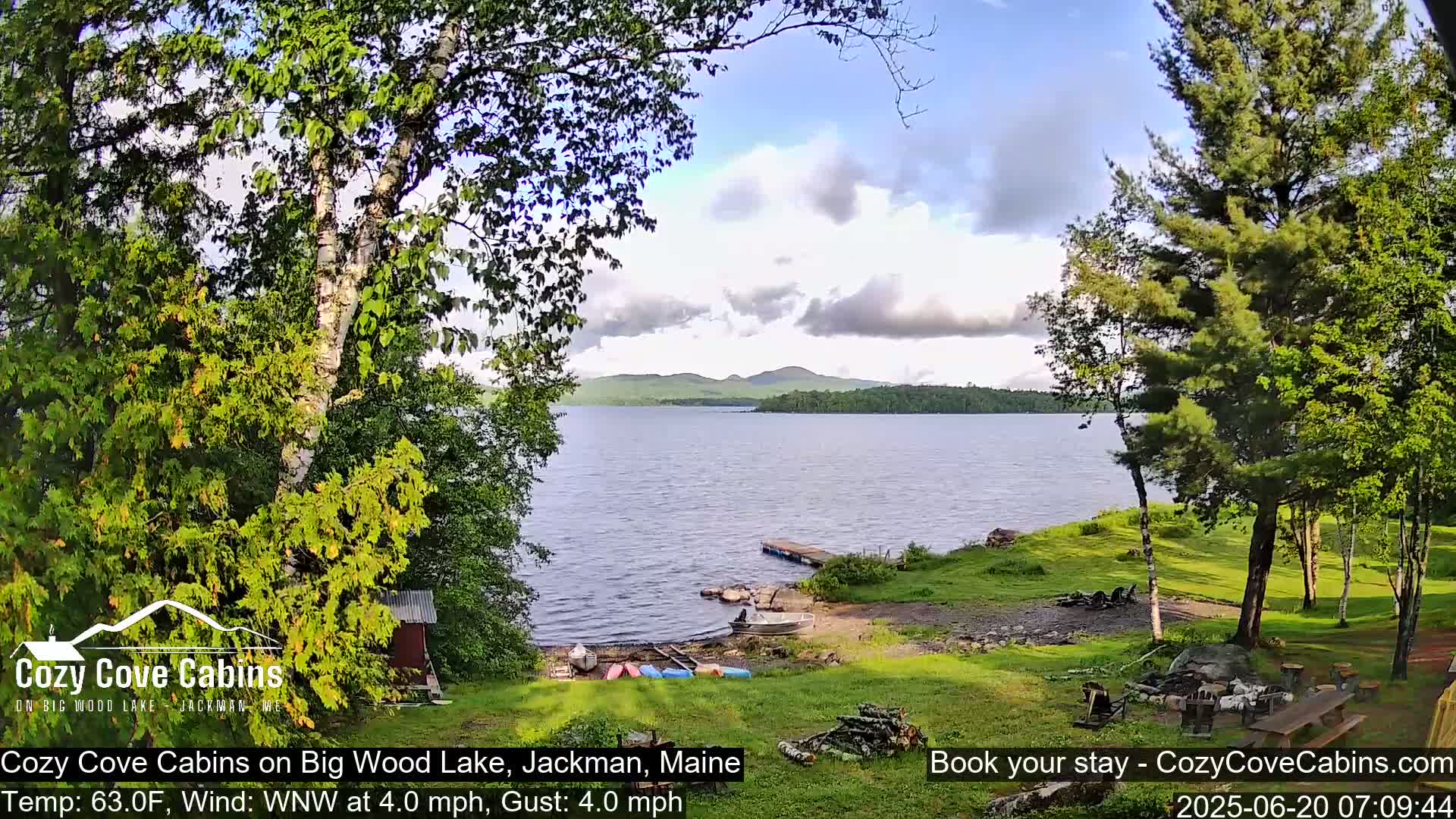 A partly cloudy summer day overlooks a calm lake with a small dock and several boats, viewed from a grassy shoreline lined with trees and a small cabin.