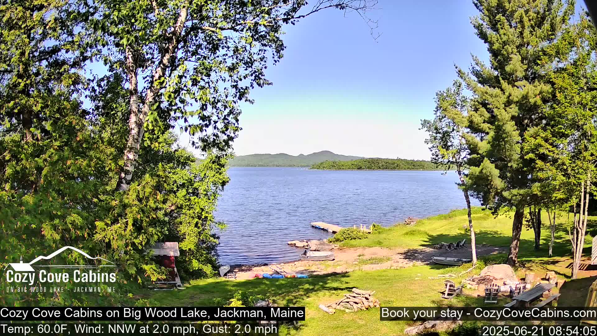 A tranquil lake scene on a sunny day with a gentle northwest wind shows a grassy shoreline, trees, a small dock, and a few boats.