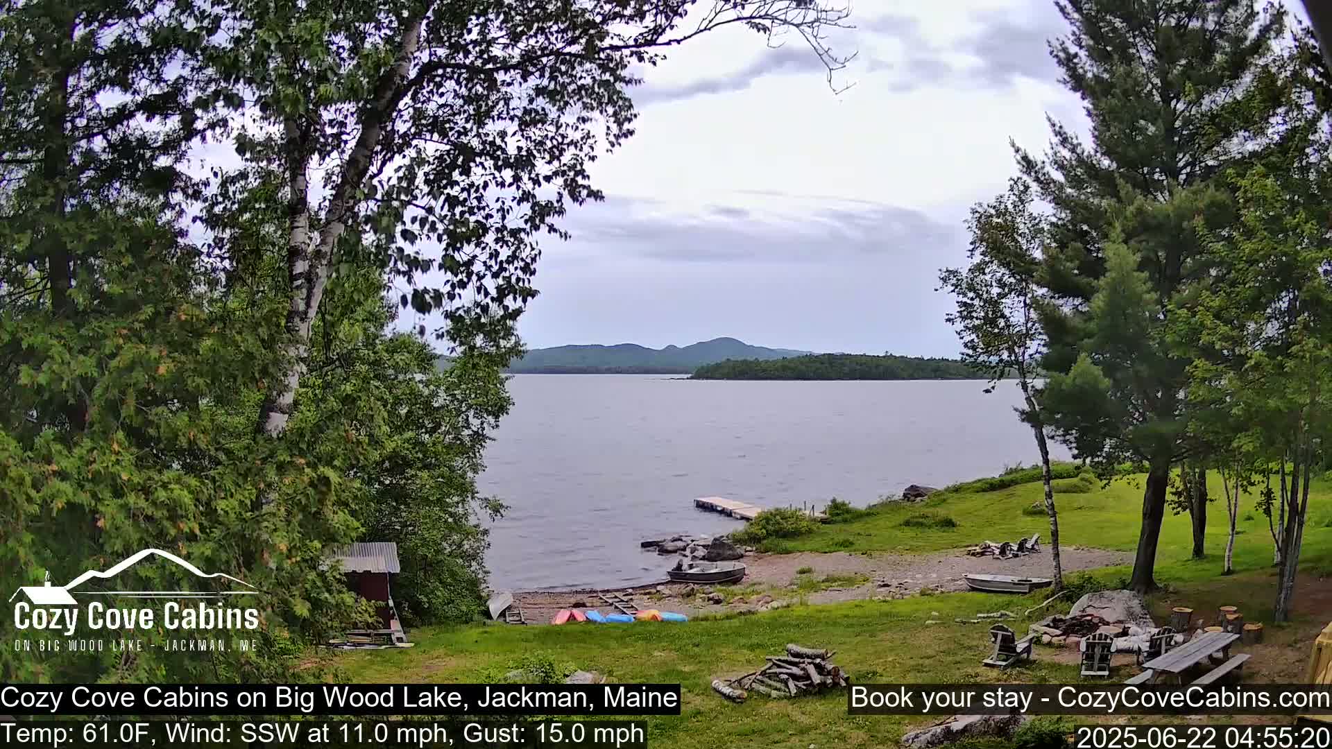 A lakeside property with a small beach, several canoes, and a picnic table is shown under a partly cloudy sky with a moderate wind.