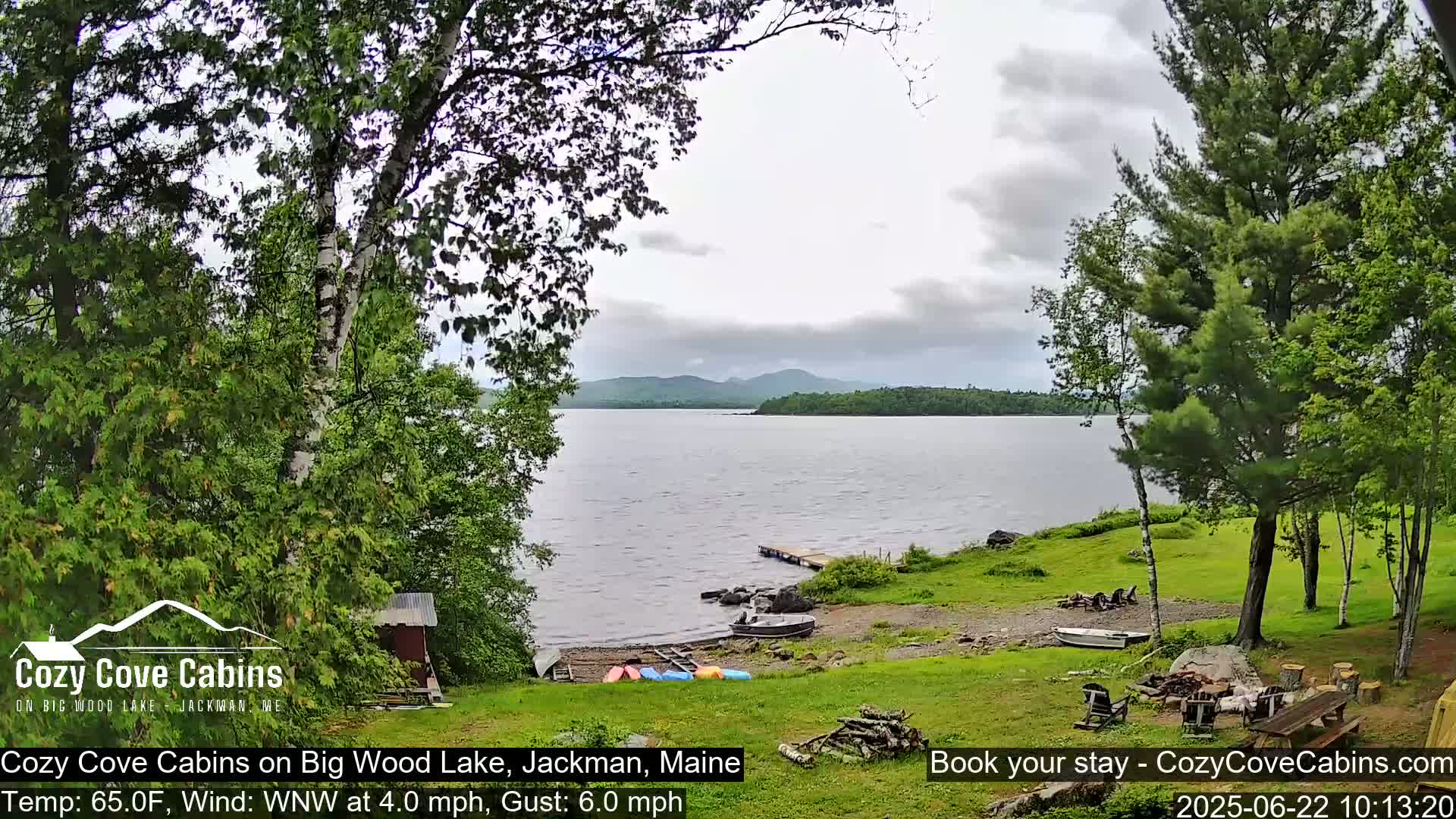 A lakeside view on a partly cloudy day shows a calm lake with a small dock, canoes, and a grassy area with trees, a fire pit, and a small cabin.