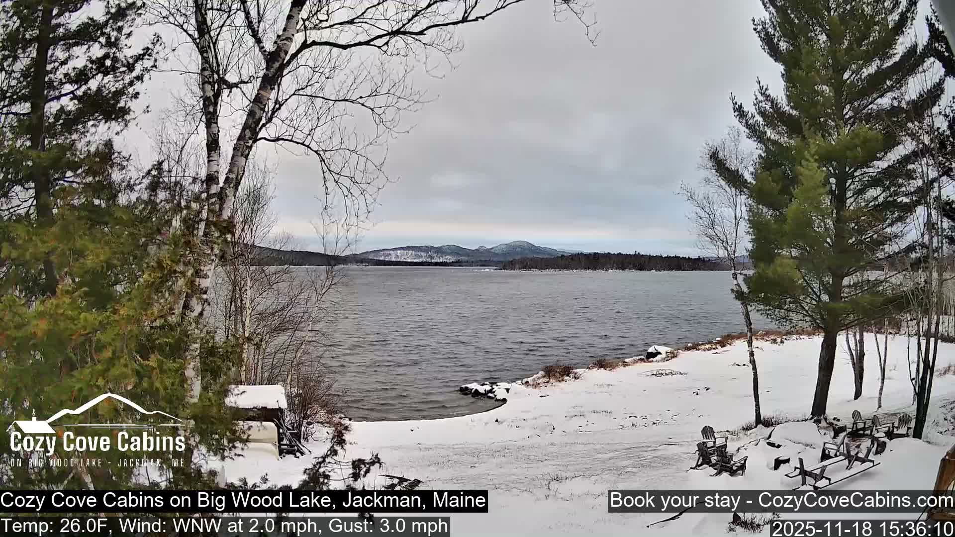 Cozy Cove Cabins, Wood Pond Live Cam - Jackman, Maine,  USA
