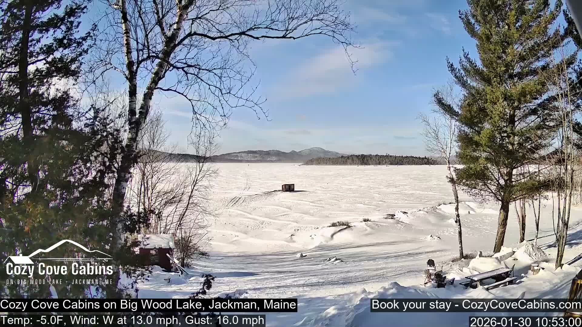 Cozy Cove Cabins, Wood Pond Live Cam - Jackman, Maine,  USA
