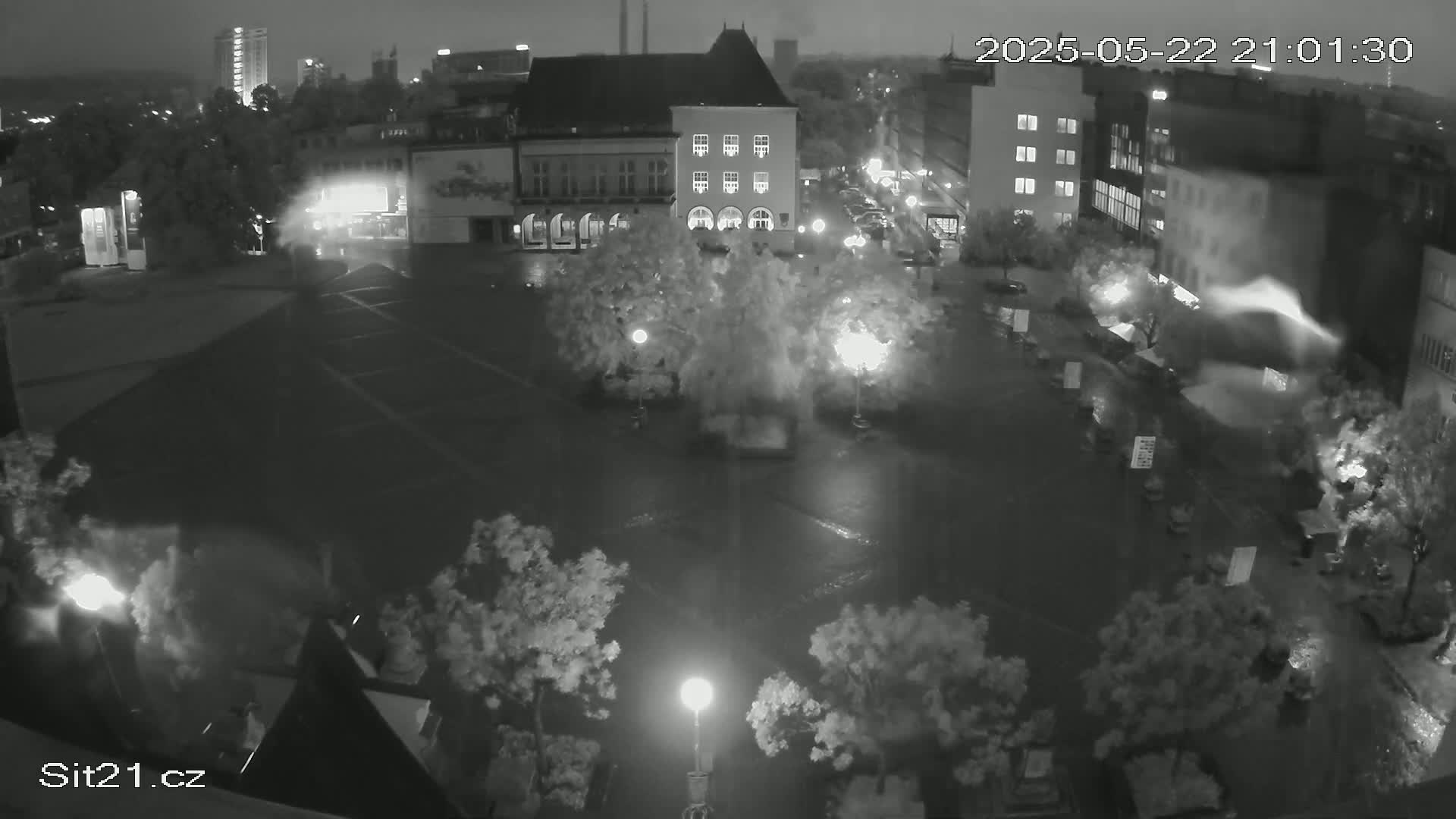 A rain-slicked town square at night, illuminated by streetlights, is surrounded by buildings and trees.