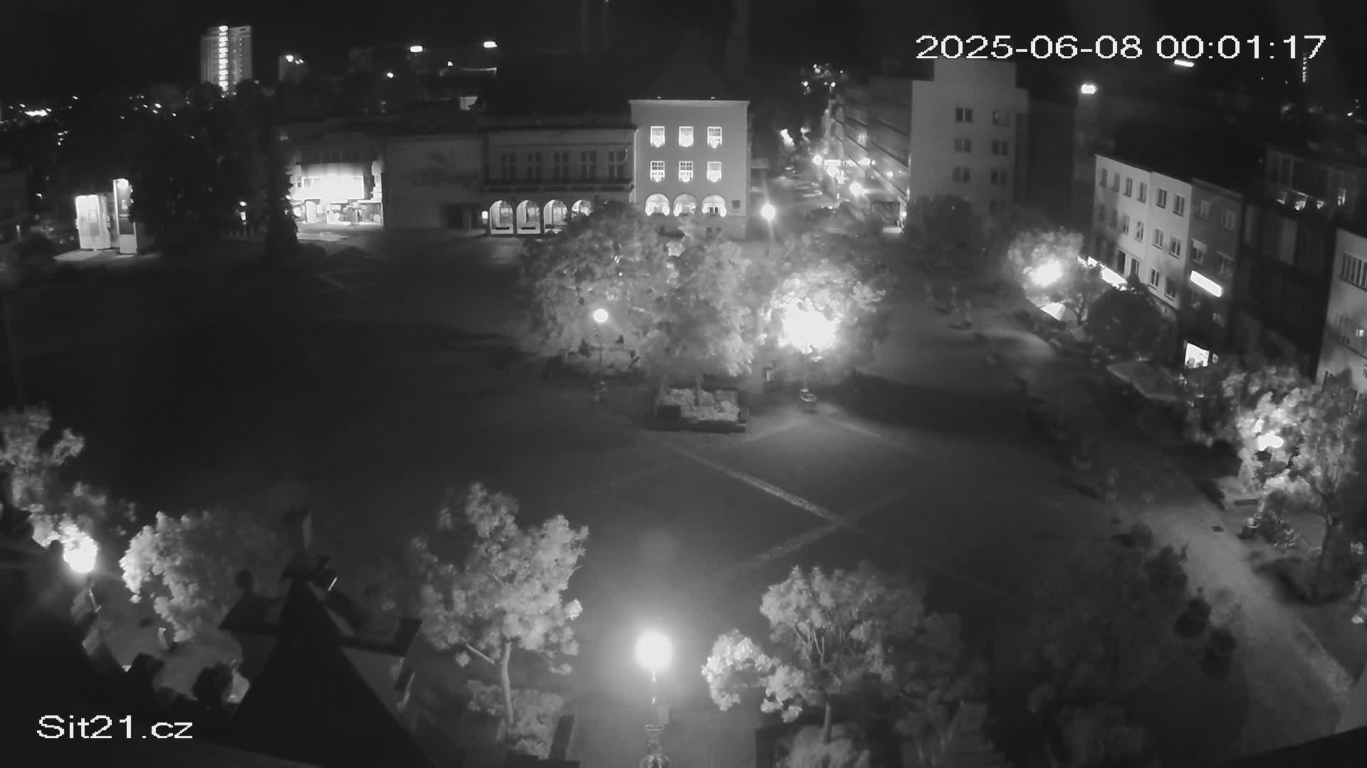 A nighttime, black-and-white view of a town square with buildings surrounding it, illuminated by streetlights and featuring several trees.
