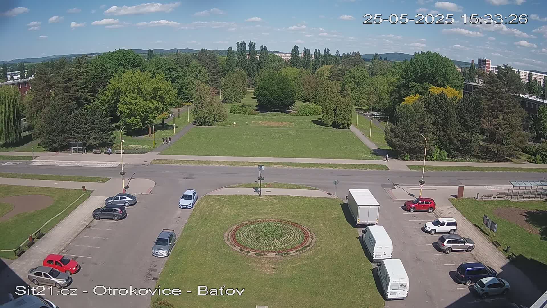 A high-angle view of a park and parking lot on a partly cloudy day, with several cars parked and a few people visible in the distance.