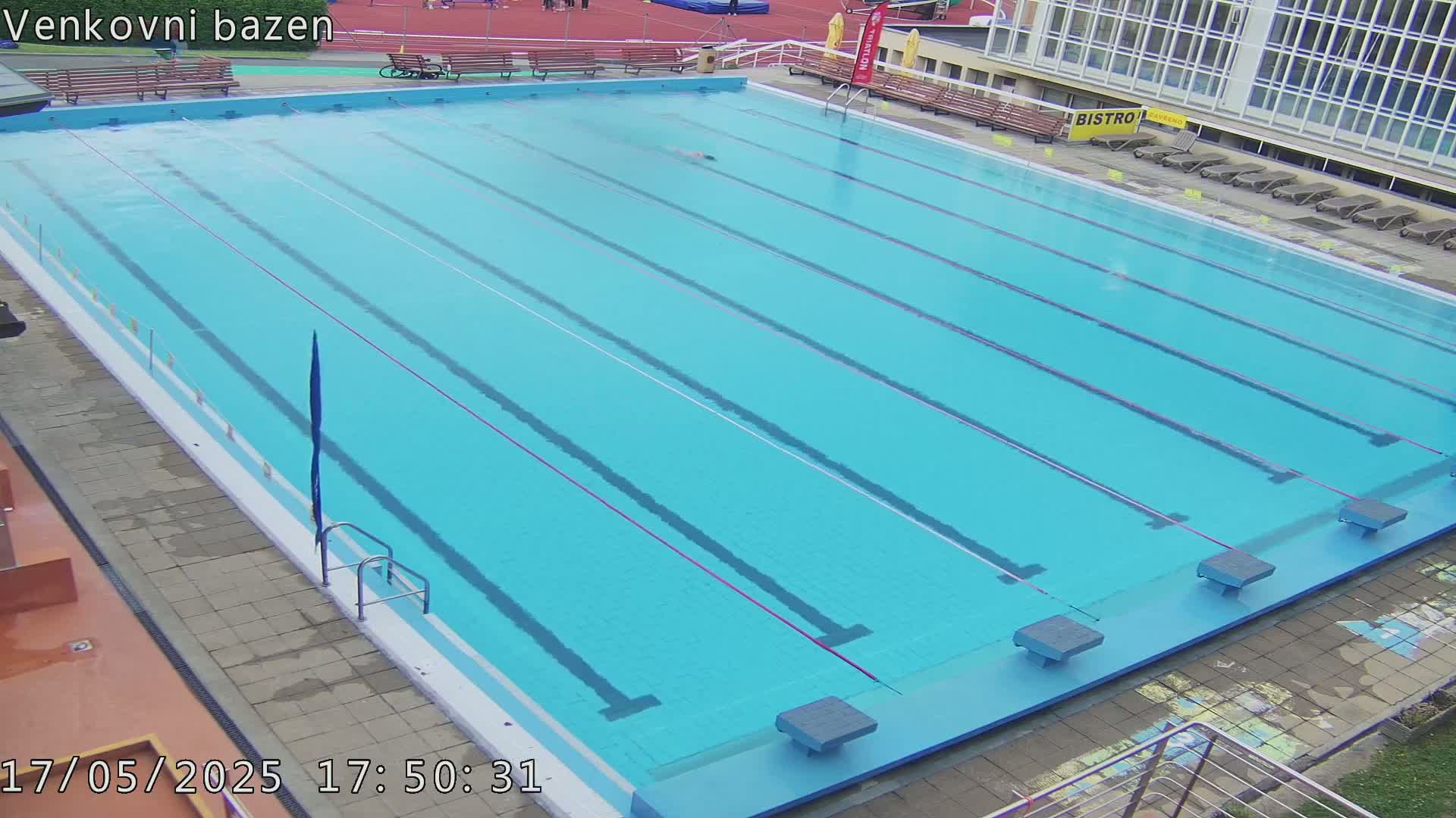 An outdoor swimming pool with lane dividers has one person swimming laps.