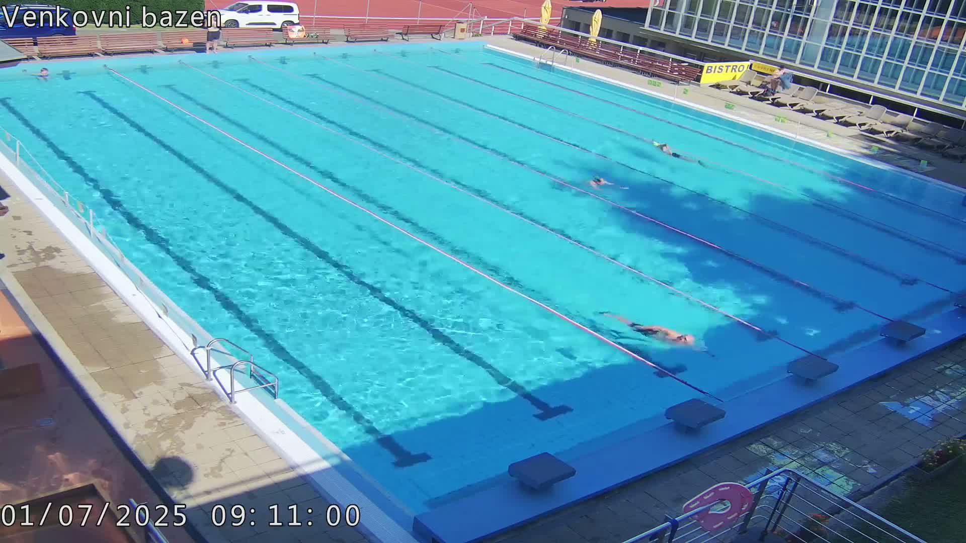 A sunny day at an outdoor swimming pool with several people swimming laps.