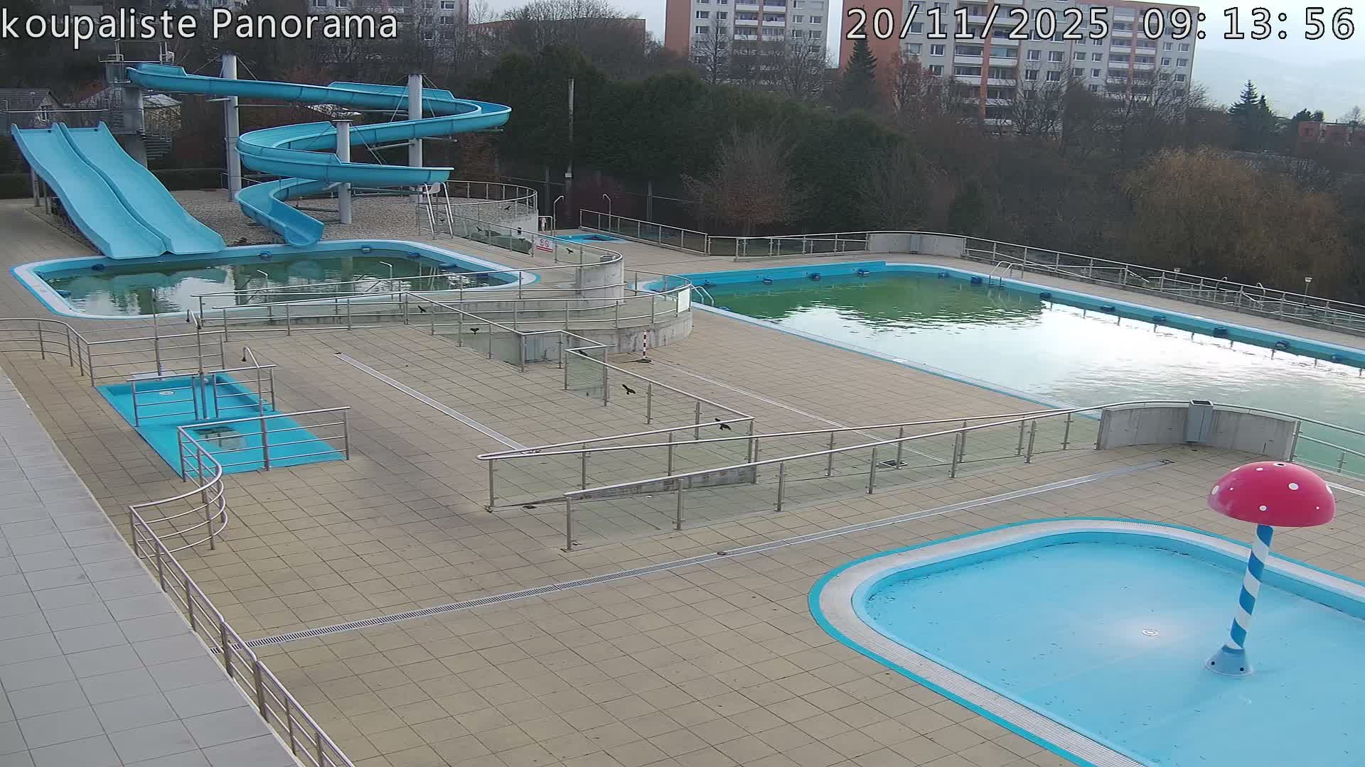 A vacant outdoor swimming pool complex featuring light blue water slides, several pools (some empty, one filled with murky green water), and a red mushroom water feature is seen under an overcast sky, with bare trees and apartment buildings in the background.