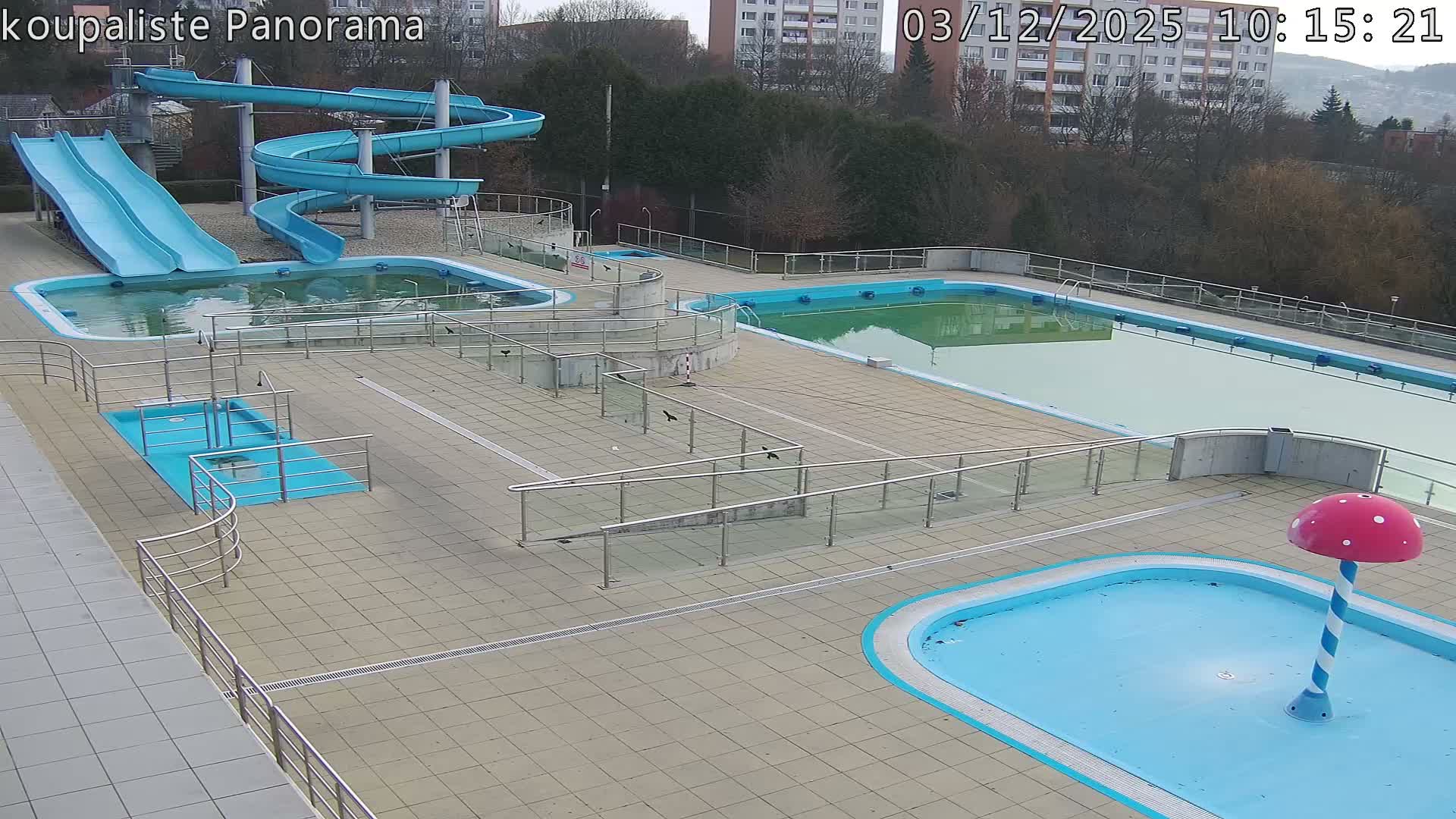 An empty outdoor swimming pool complex featuring multiple pools, some murky and some clearer, along with blue water slides and a mushroom water feature, is depicted under an overcast sky.